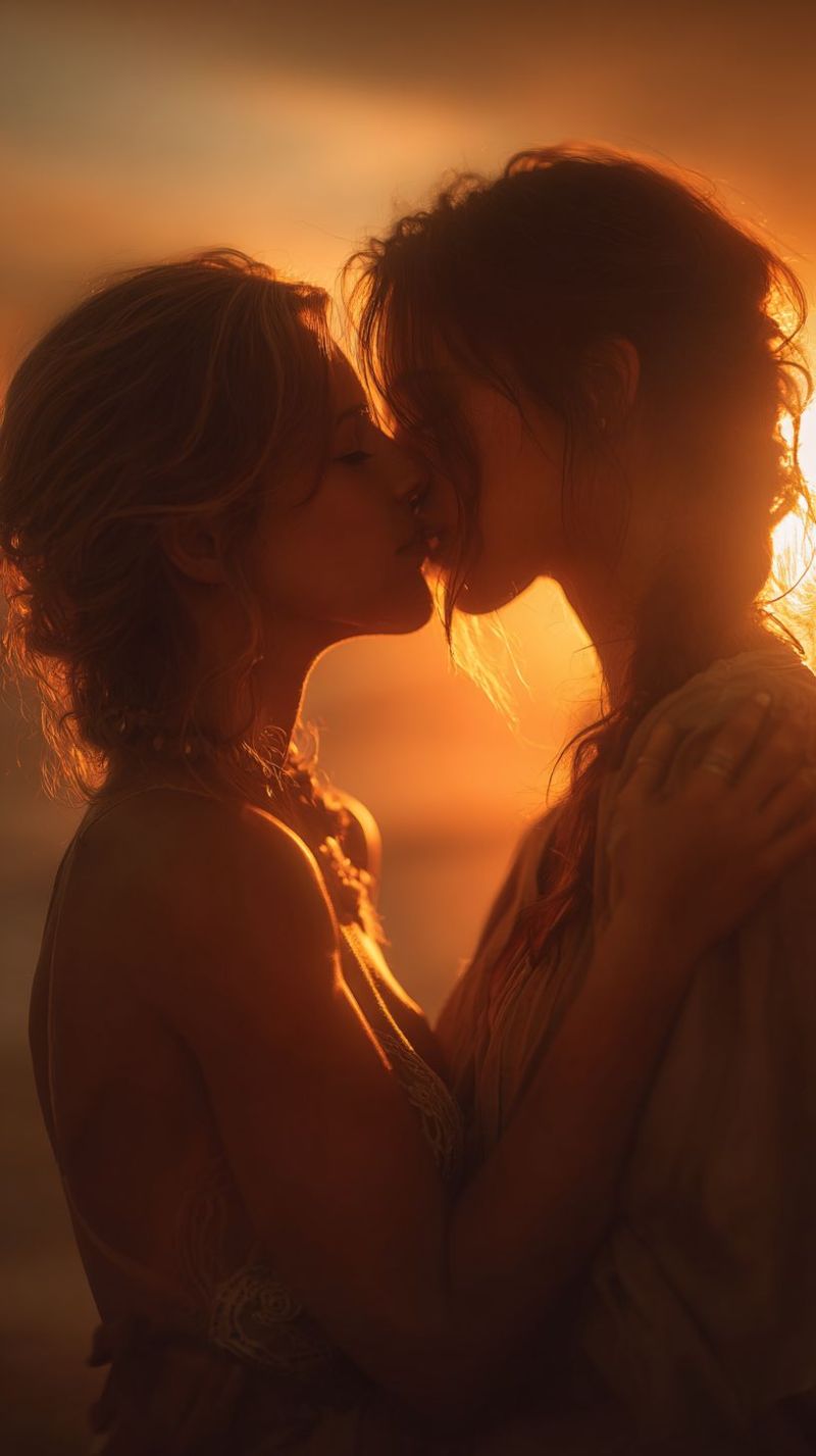 Baiser couple romantique coucher soleil plage amour etreinte tendresse chaleur intimite passion affection connexion calin proximite emotionnel relatio Deux femmes s'embrassent dans un moment tendre, leurs visages proches l'un de l'autre alors qu'elles partagent un baiser. La femme sur la gauche a les cheveux détachés et porte un débardeur, tandis que la femme sur la droite a les cheveux attachés et porte une robe fluide. Elles se tiennent devant un fond aux teintes chaudes et orangées, peut-être un coucher ou un lever de soleil, avec la lumière projetant une douce lueur sur leurs corps. Leurs ombres sont projetées au sol, ajoutant de la profondeur à la scène.