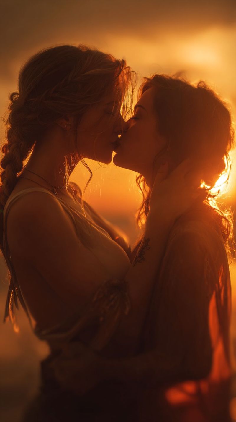 Couple kiss romantic sunset embrace love intimacy passion outdoors beach warm glow tenderness affection connection emotional moment relationship toget Two women are embracing each other in a warm, intimate moment. The woman on the left has her hair braided and is wearing a necklace. The woman on the right has her hair down and is wearing a sleeveless top. They are both looking at each other with closed eyes, suggesting a tender and loving moment. The background is a warm, golden light, possibly from the setting sun, creating a romantic and serene atmosphere.