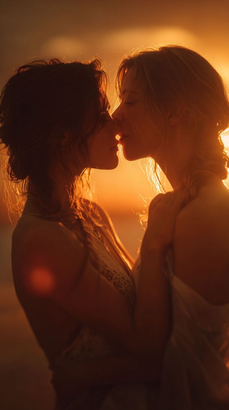 Couple baiser coucher soleil romantique etreinte amour air plage chaleur tendresse intimite passion affection connexion bonheur moment beatitude Deux femmes s'embrassent dans un moment tendre, leurs visages proches l'un de l'autre alors qu'elles partagent un baiser. La femme sur la gauche a les cheveux coiffés en vagues lâches, tandis que la femme sur la droite a les cheveux tressés. Elles portent toutes les deux des hauts sans manches, et la femme sur la droite a son bras enroulé autour de la femme sur la gauche. Le fond est d'une teinte chaude et dorée, suggérant que la photo a été prise pendant le coucher du soleil.