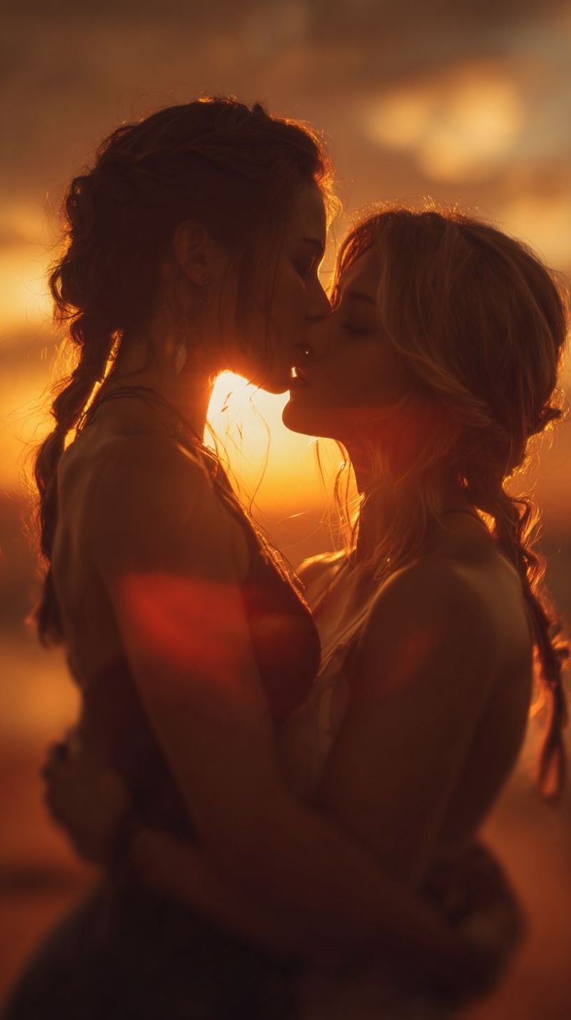 Couple kiss love romance sunset embrace affection intimacy passion outdoors nature warmth tenderness connection emotional relationship moment beauty Two women are embracing each other in a warm, intimate moment. The woman on the left has her hair braided and is wearing a sleeveless top. The woman on the right has her hair down and is wearing a sleeveless dress. They are both looking at each other with closed eyes, suggesting a tender and loving moment. The background is a warm, golden sunset, adding to the romantic atmosphere of the image.