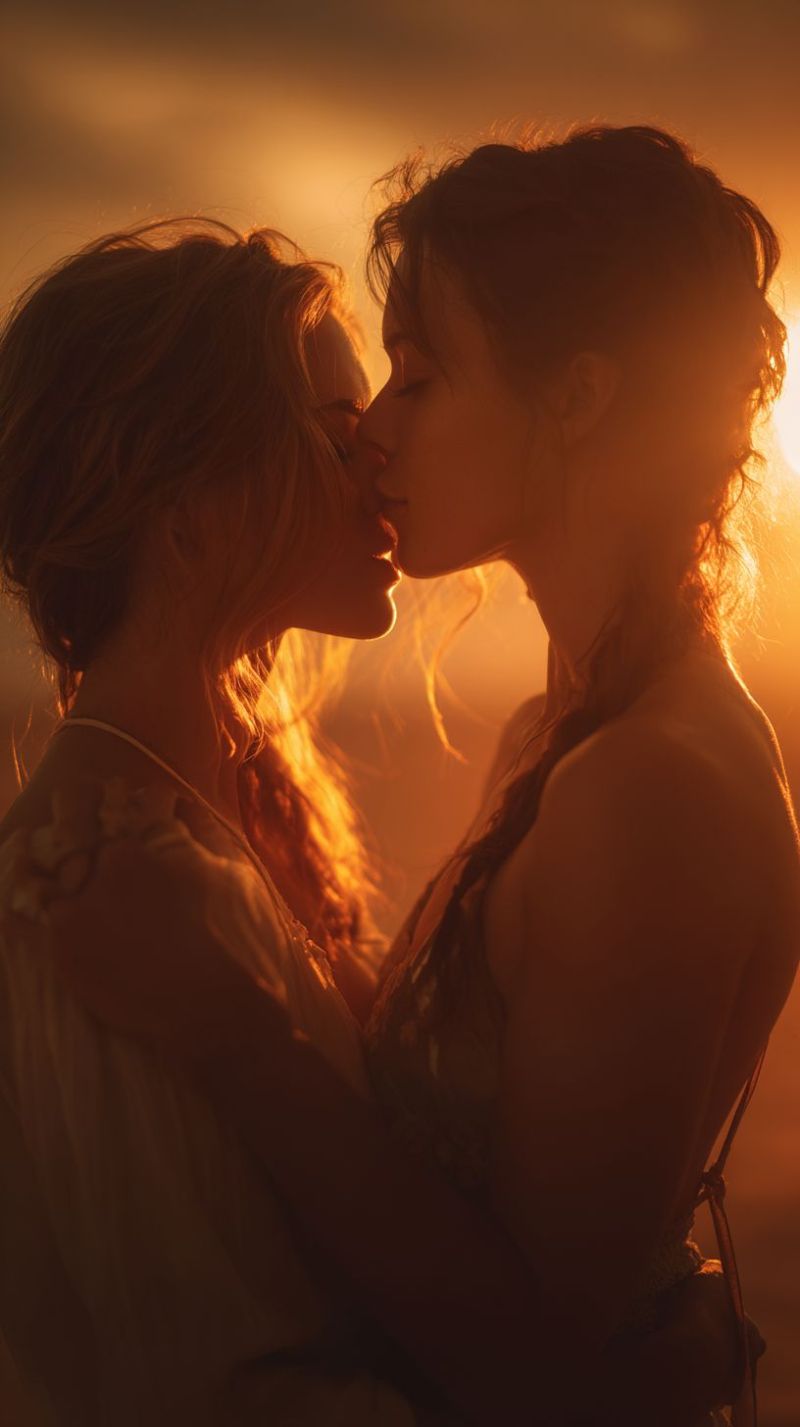 Kiss couple romantic love embrace sunset warm tender intimacy passion affection closeness connection hugging Two women are embracing each other in a tender moment, their faces close together. The woman on the left has her eyes closed and is wearing a necklace, while the woman on the right has her eyes closed and is wearing a sleeveless top. They are both wearing long hair, and the woman on the left has her hair down, while the woman on the right has her hair in a braid. The background is a warm, golden color, possibly from the setting sun.