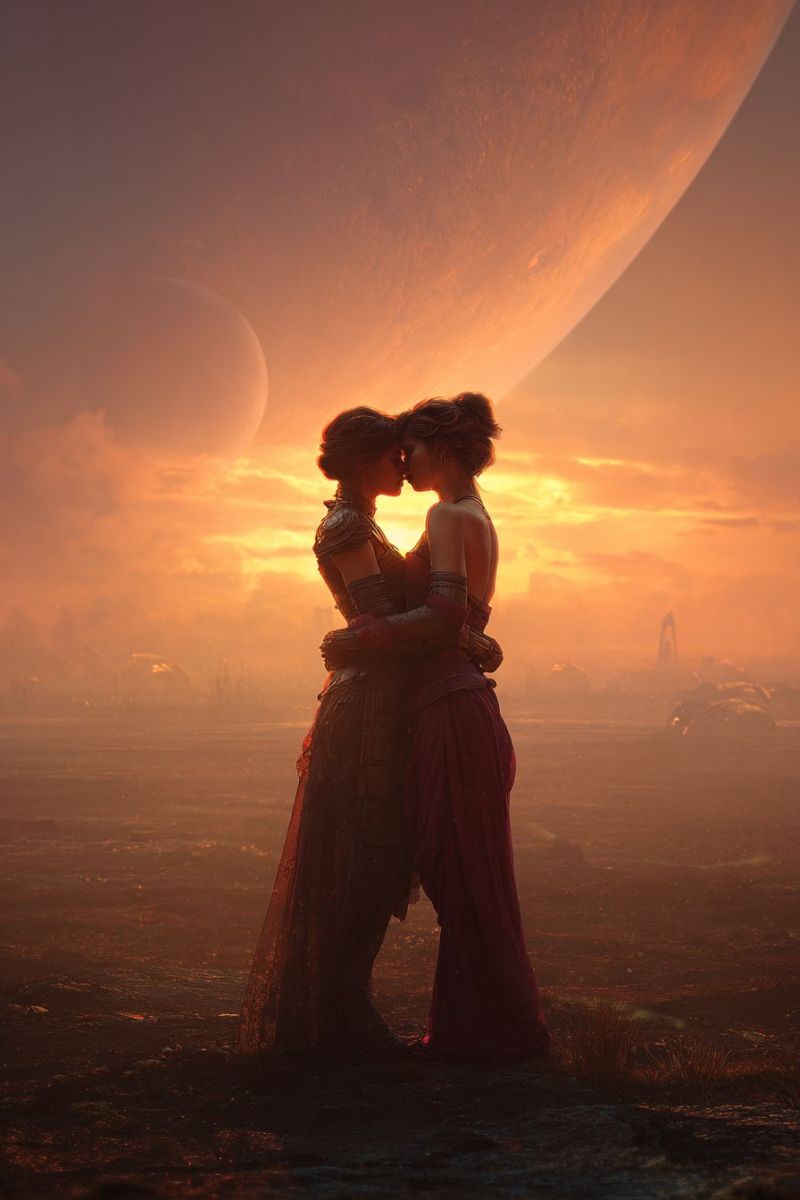 Couple embrasser baiser amour romance coucher soleil ciel planete espace etoile lune desert poussiere poussiereux sol terrain Deux femmes se tiennent proches l'une de l'autre, s'embrassant dans un moment tendre. Elles sont vêtues de robes rouge foncé fluides avec des motifs complexes, peut-être des armures ou des tenues cérémoniales. Leurs cheveux sont coiffés en vagues lâches, et elles ont toutes les deux des expressions sérieuses. Le cadre est un vaste paysage ouvert avec un ciel dramatique. En arrière-plan, il y a deux grandes sphères lumineuses, l'une plus grande que l'autre, projetant une lumière chaude et orange sur la scène. Le ciel est rempli de nuages, et l'atmosphère générale est celle d'une intensité silencieuse.