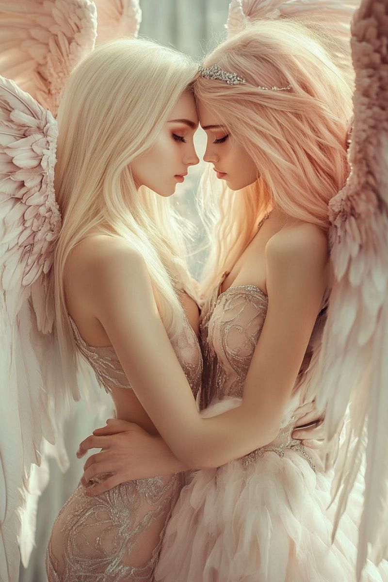 Ange fantaisie femme cheveux yeux ailes mode fin eloquence humain romantique beaute Deux figures féminines qui semblent être des angélettes, en raison de leurs ailes et de la nature éthérée du paysage. Elles sont positionnées étroitement l'une à côté de l'autre, avec une figure debout et l'autre couchée sur un genou, face à face dans un manier paisible et intime. Les deux figures ont des peaux pâles et des cheveux longs ; elles portent des costumes élaborés et transparents ornés de dentelle fine et de plumes qui suggèrent une thème angelique. Leurs yeux sont baissés, ajoutant un élément réflexif ou romantique au paysage. L'atmosphère générale de l'image est une de tranquillité et de beauté, évoquant des thèmes d'amour, de spiritualité et de fantasy.