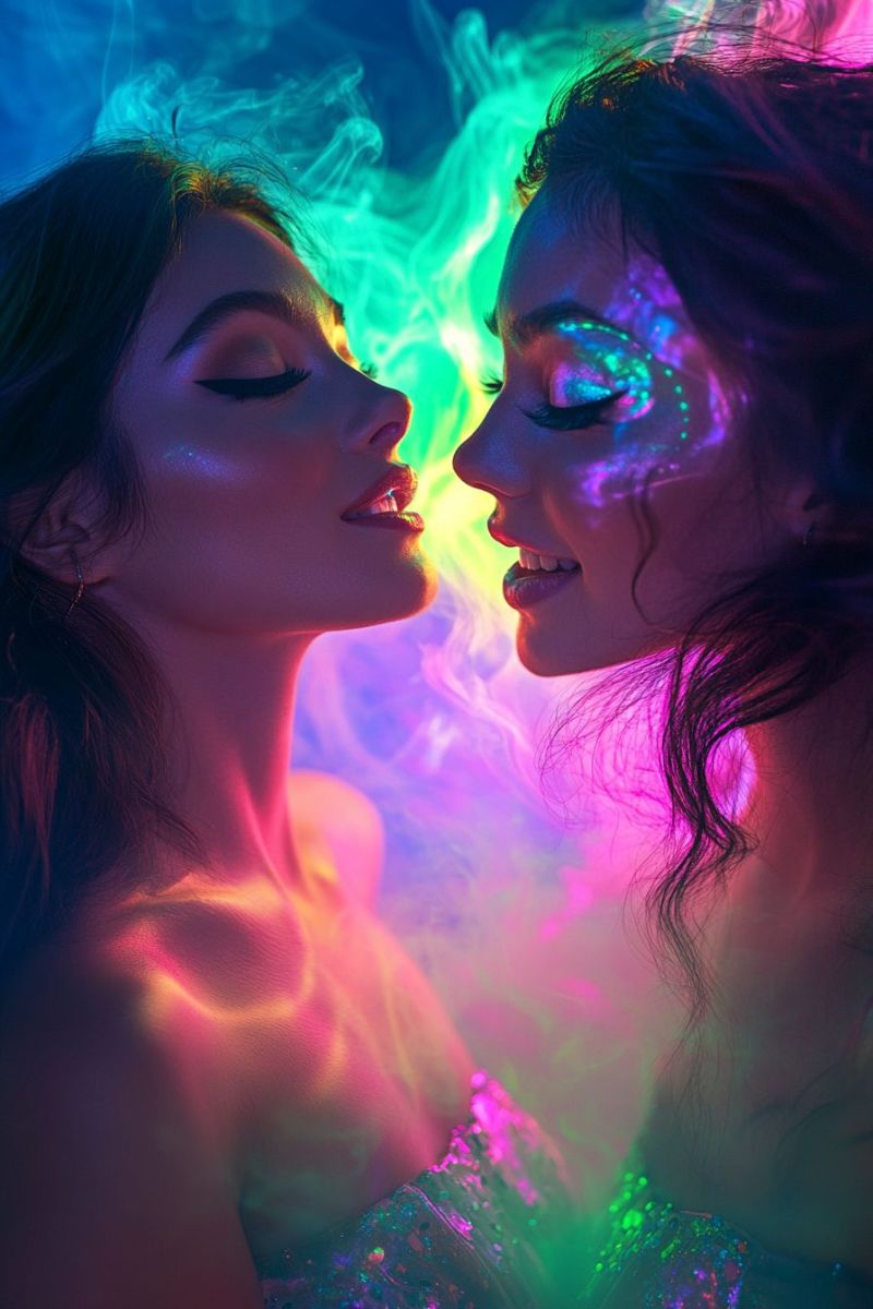 Woman glow eyes lips hair makeup beauty fashion night smoke fantasy dream Two women are standing close to each other, their faces illuminated by vibrant, multicolored lights. The woman on the left has her eyes closed and is wearing a shimmering dress that reflects the colors around her. The woman on the right has her eyes open, and her face is highlighted with neon green and pink lights. Their hair is styled in loose waves, and they appear to be in a dimly lit, colorful environment, possibly a nightclub or a party. The background is a mix of blue, green, and pink hues, with a smoky effect adding to the atmosphere.