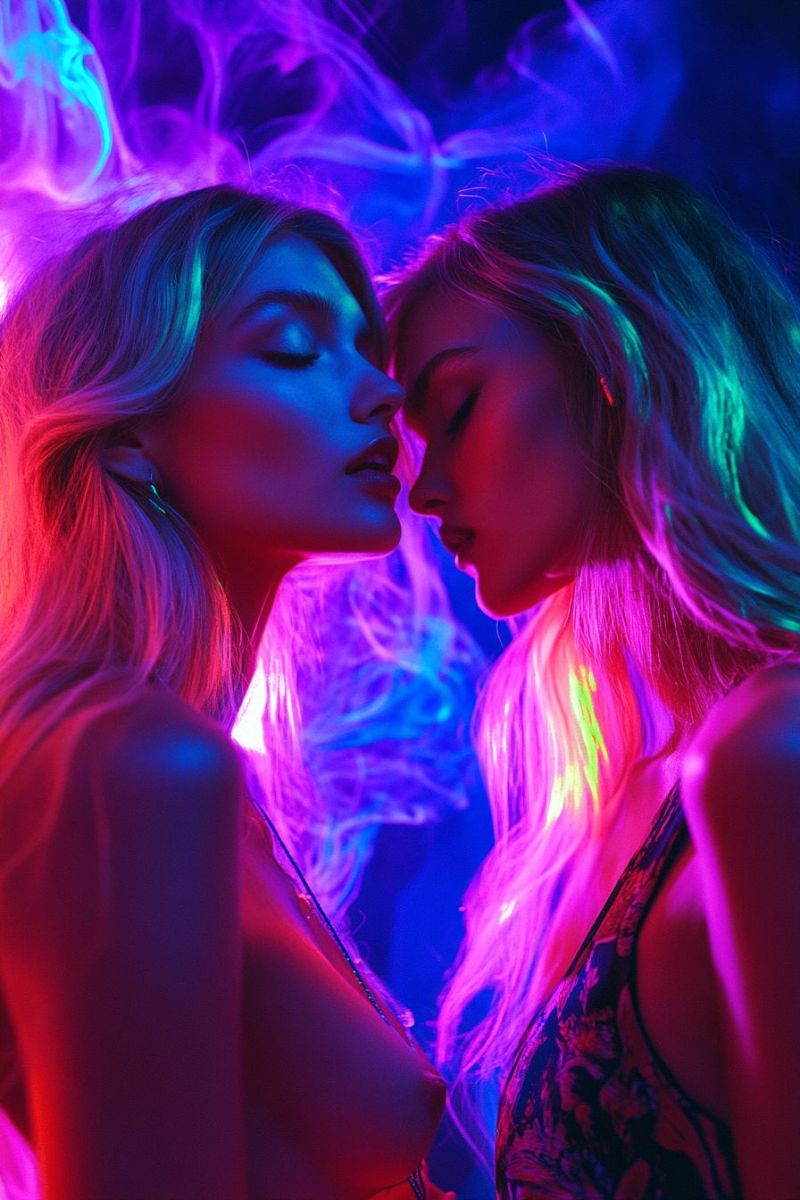 Nuit femme visage cheveux beaute oeil mode mannequin maquillage gros Deux femmes aux cheveux blonds longs et ondulés se tiennent proches l'une de l'autre dans une pièce faiblement éclairée. Leurs yeux sont fermés, et elles semblent être dans un moment d'intimité. La femme sur la gauche a les cheveux détachés, tandis que la femme sur la droite a ses cheveux coiffés en un chignon lâche. Elles portent toutes les deux des hauts sans manches, et la femme sur la droite porte un collier. L'arrière-plan est un mélange de lumières violettes et roses, créant une atmosphère onirique et surréaliste.
