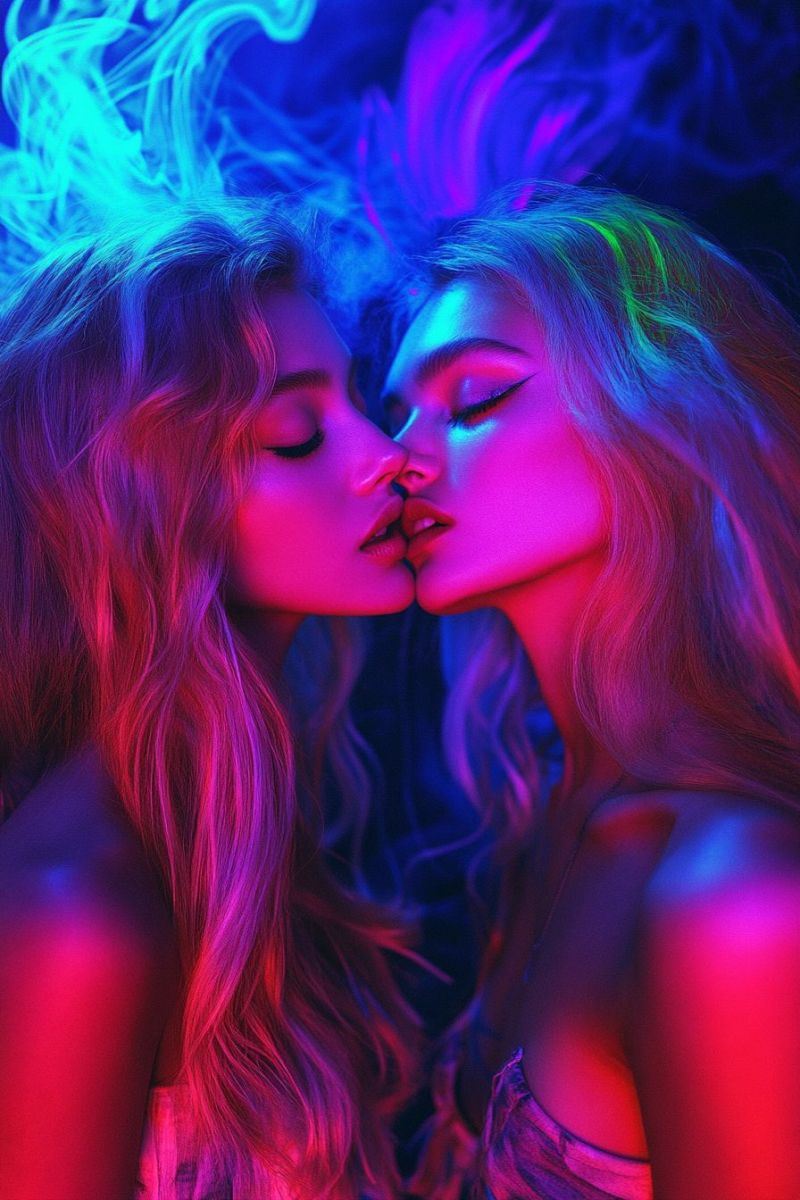 Baiser couple romantique amour nuit neon mode beaute cheveux maquillage tendance eclat ambiance humeur Deux femmes aux cheveux longs et ondulés blonds s'embrassent dans une pièce faiblement éclairée. Leurs visages sont illuminés par une combinaison de lumières roses et bleues, créant un effet vibrant et coloré. La femme sur la gauche a les yeux fermés, tandis que la femme sur la droite a les yeux ouverts et regarde la femme sur la gauche. Le fond est sombre et présente un mélange de couleurs bleues et violettes.