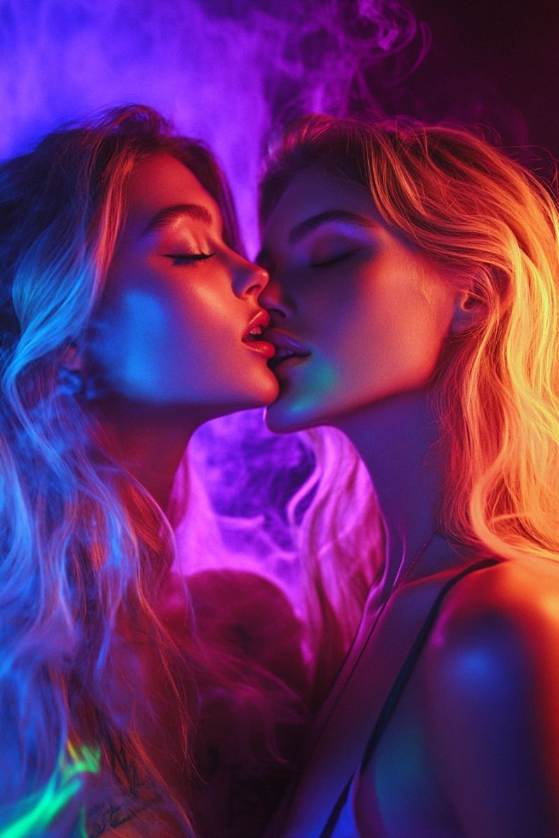 Baiser couple romantique nuit amour eclairage neon fumee beaute mode cheveux maquillage oeil visage emotion Deux femmes aux cheveux longs et ondulés blonds s'embrassent dans une pièce faiblement éclairée. Leurs yeux sont fermés et elles sont illuminées par une combinaison de lumières violettes et jaunes. La femme sur la gauche a ses cheveux partiellement couvrant son visage, tandis que la femme sur la droite a ses cheveux coiffés de manière lâche et ondulée. Le fond est un mélange de teintes violettes et jaunes, créant une atmosphère rêveuse et romantique.