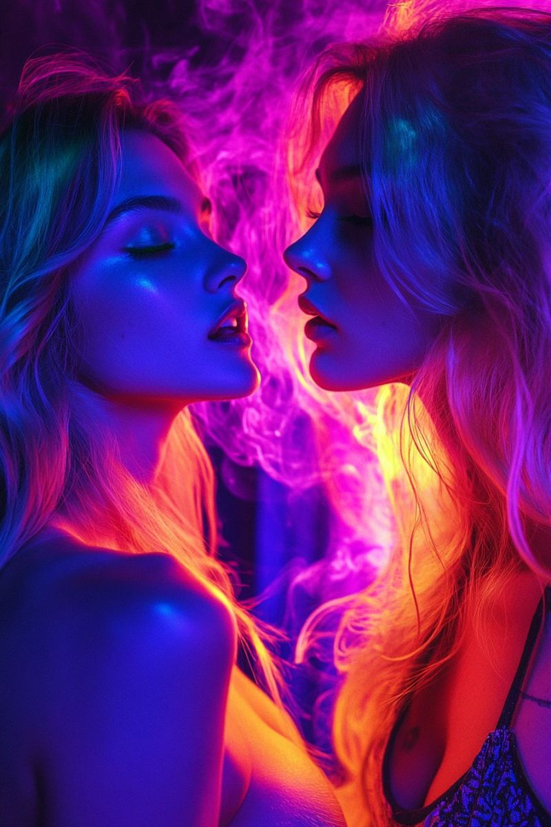 Visage femme cheveux clairs beaute yeux levres Deux femmes se tiennent proches l'une de l'autre, leurs visages illuminés par des néons vibrants. La femme sur la gauche a les yeux fermés, les lèvres légèrement entrouvertes, et ses cheveux tombent en vagues souples autour de son visage. La femme sur la droite a également les yeux fermés, les lèvres légèrement ouvertes, et ses cheveux sont coiffés en boucles lâches. Toutes deux portent des hauts sans manches, et leur peau brille sous les néons. L'arrière-plan est un mélange de teintes violettes et jaunes, avec un effet fumé qui ajoute à l'atmosphère dramatique.