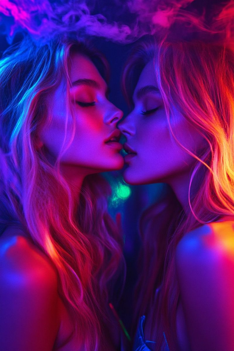 Baiser couple romantique nuit amour passion eclairage neon fumee obscurite intimite gros beaute cheveux levres yeux emotion ambiance Deux femmes aux cheveux longs et ondulés s'embrassent sous une lumière vibrante et multicolore. Leurs yeux sont fermés et leurs lèvres se touchent. La femme à gauche a ses cheveux illuminés par un mélange de lumières bleues et roses, tandis que la femme à droite a ses cheveux mis en valeur par une combinaison de lumières roses et jaunes. Le fond est sombre, avec une touche d'effets de fumée violette et rose.