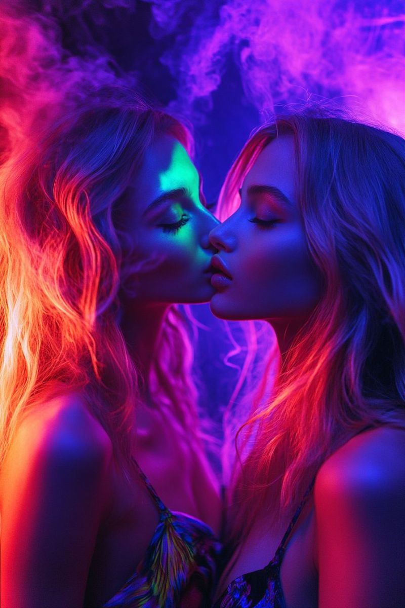 Baiser couple romantique nuit amour fumee beaute mode cheveux maquillage oeil visage levres emotion Deux femmes aux longs cheveux blonds ondulés s'embrassent dans une pièce faiblement éclairée. Leurs visages sont illuminés par une combinaison de lumières rouges, bleues et vertes, créant un effet vibrant et coloré. La femme sur la gauche a les yeux fermés, tandis que la femme sur la droite a les yeux ouverts et regarde la femme sur la gauche. Le fond est un mélange de fumée violette et rose, ajoutant à l'atmosphère mystérieuse et romantique de l'image.