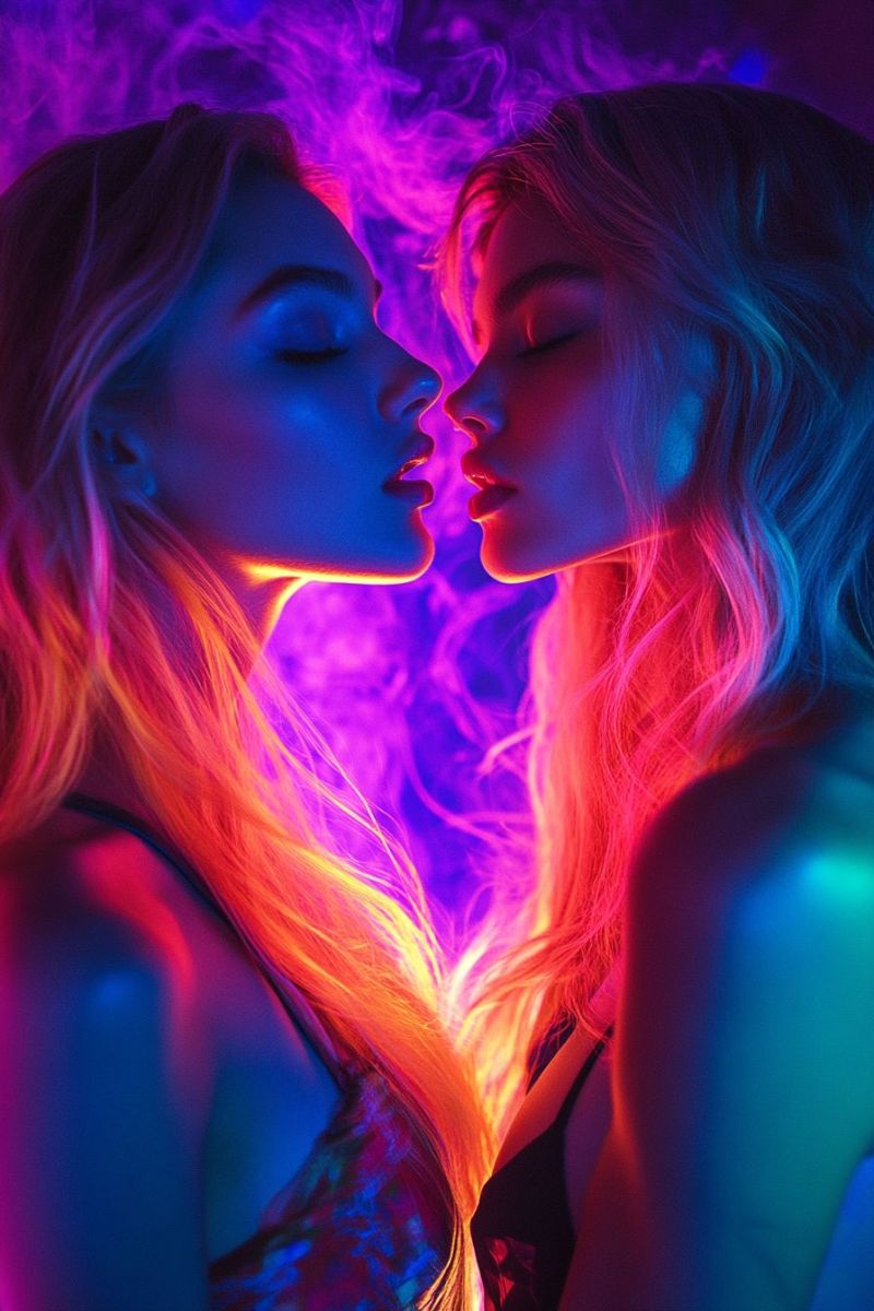 Femme baiser levres visage cheveux nuit obscurite fumee beaute mode couple romance amour Deux femmes aux longs cheveux blonds ondulés se tiennent proches l'une de l'autre, face à face. Leurs yeux sont fermés et leurs lèvres légèrement entrouvertes, suggérant un moment tendre. Le fond est un mélange de teintes violettes et bleues vibrantes, avec un effet fumé qui ajoute de la profondeur. L'éclairage est dramatique, projetant une douce lueur sur leurs visages et leurs cheveux, mettant en valeur leurs traits. L'atmosphère est intime et romantique, les expressions des femmes véhiculant un sentiment de proximité et d'affection.