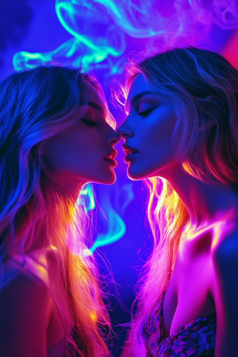 Femme baiser levres visage cheveux nuit amour couple romance beaute eclat neon humeur moodygram eclairage maussades Deux femmes aux cheveux longs et ondulés se tiennent proches l'une de l'autre, leurs visages illuminés par des néons vibrants. La femme sur la gauche a les yeux fermés, tandis que la femme sur la droite a les yeux fermés et les lèvres légèrement entrouvertes. Elles portent toutes les deux des débardeurs, et leurs cheveux brillent de teintes roses, jaunes et bleues. L'arrière-plan est un mélange de lumières violettes et bleues, créant une atmosphère onirique et surréaliste.