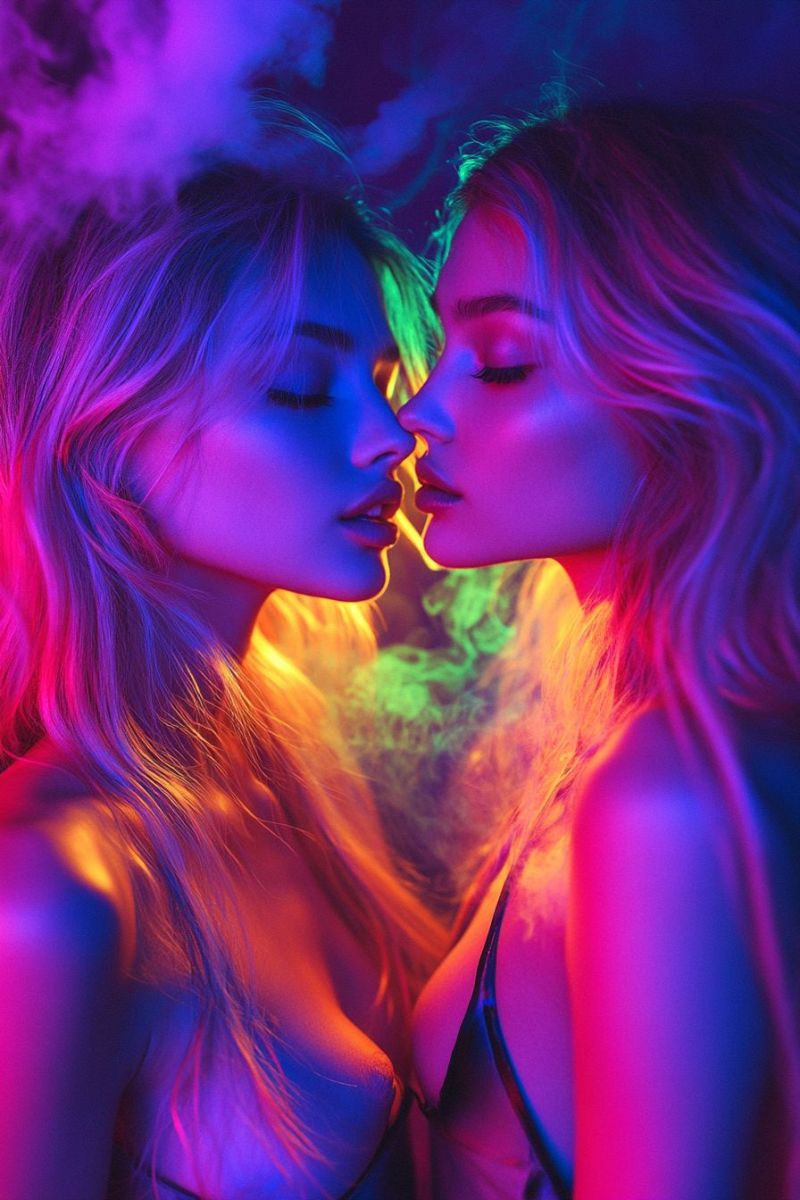 Femme baiser levres visage cheveux fumee nuit beaute mode couple romance amour emotion Deux femmes aux longs cheveux blonds ondulés se tiennent proches l'une de l'autre, leurs visages illuminés par des néons vibrants. Leurs yeux sont fermés et elles semblent partager un moment tendre, peut-être un baiser. L'arrière-plan est un mélange de teintes violettes et vertes, avec un effet fumé qui ajoute à l'atmosphère onirique. L'éclairage crée un contraste saisissant, mettant en valeur les traits des femmes et les couleurs vives qui les entourent.