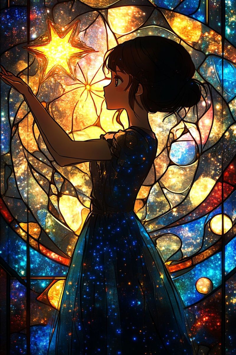 Girl stained glass star window galaxy cosmos space planets blue dress starlight night sky worship fantasy anime colorful religion christianity decorat stained glass window with a decorative border featuring intricate patterns and colors. The centerpiece of the window is a person in silhouette, holding onto what appears to be a large star. This central figure is reaching out towards the celestial body, which stands out due to its colorful, multicolored design resembling stars in space. The stained glass uses a vibrant palette of blues, yellows, and reds, with shades that give the impression of a night sky filled with stars. The border surrounding the central figure has smaller decorative elements, suggesting a sense of depth and texture. The overall style of the image is reminiscent of fantasy or dreamlike settings, characterized by the use of color in ways that might not be practical for actual stained glass windows. It creates an atmosphere of wonder and exploration.