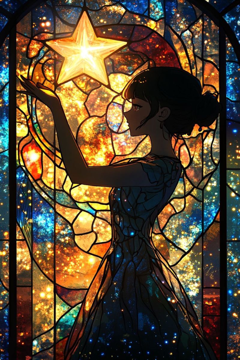 Stained glass window colorful blue orange starry female pokeball space constellation cosmic vivid wondrous imaginative fantasy creative intricate desi stained glass window with a fantasy-themed design. The central figure is a woman with long hair, standing in front of the window and looking out towards it. She is wearing a dress that appears to be made of fabric or paper, and the colors are muted, suggesting it might be evening or nighttime. The stained glass window behind her has a vibrant, colorful design. The left panel shows what seems to be a night sky with stars, and the right panel features an elaborate scene that includes various elements such as what looks like a planet or moon in the center, surrounded by smaller celestial bodies. There are also decorative patterns and possibly some text within the window itself, although it's not entirely clear due to the distance from which the photo is taken. The lighting in the image gives off a warm, golden glow that illuminates the scene, adding a magical atmosphere to the overall composition. The background beyond the woman is darkened but contains a hint of what could be a constellation or a similar celestial pattern, contributing to the nighttime ambiance of the setting.