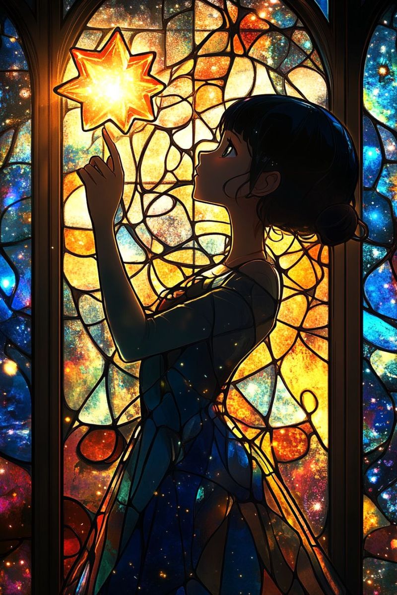 Verre fenetre eglise cathedrale vif celeste ciel etoile science fiction cyberpunk anime expression architectural iconographie religieuse main feminine Une femme debout à l'extérieur. Elle a des cheveux longs et des boucles qui retombent sur ses épaules. Elle porte une chemise légèrement colorée et un pantalon avec une teinte métallique, ce qui lui donne une touche de glamour ou boho. Son maquillage est naturel et accentue ses traits faciaux. L'ambiance suggère qu'il pourrait être automne, car les feuilles en arrière-plan sont bruns et oranges, indiquant la fin de l'automne. Elle a un regard réfléchi sur son visage, regardant légèrement à sa droite avec une démarche calme.