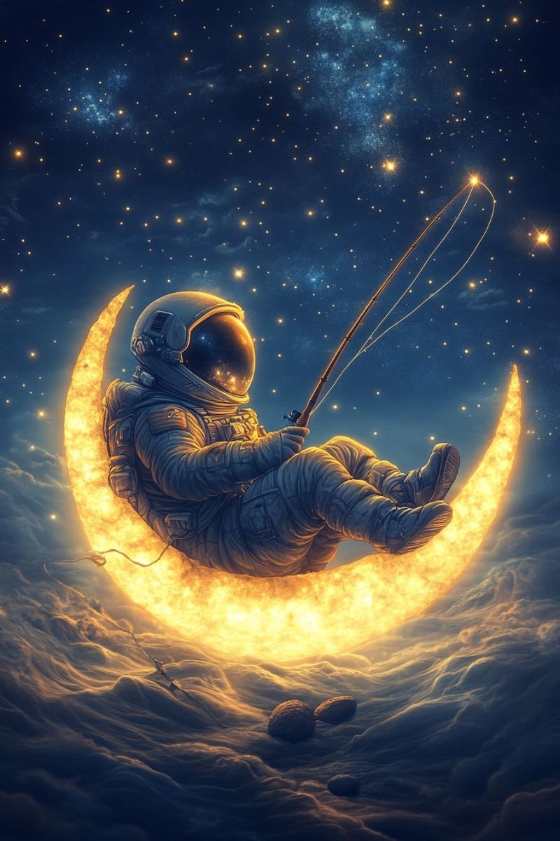 Astronaute lune sous etoiles celeste demi nuit science fiction nocturne espace orbite autour pecheur lunaire illustree represen Astronaute lune sous etoiles celeste demi nuit science fiction nocturne espace orbite autour pecheur lunaire illustree represen