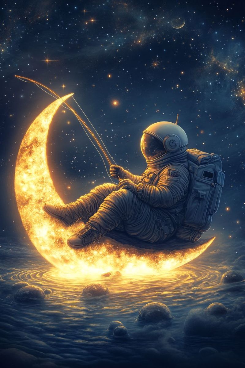 Space travel astronaut crescent moon futuristic science fiction night sky surreal peaceful cosmic astro exploration outer starry astronaut sitting on a crescent moon, which is illuminated by sunlight. The moon is floating against the backdrop of the night sky filled with stars and planets. The astronaut is wearing a spacesuit and appears to be either holding or riding on a fishing rod that extends into space. A bright light source, reminiscent of a fishing lantern, shines around the astronaut, casting a warm glow on their face. Below the moon, there is a body of water with waves that suggest the presence of rocks beneath the surface. The overall scene conveys a sense of wonder and solitude in space exploration.