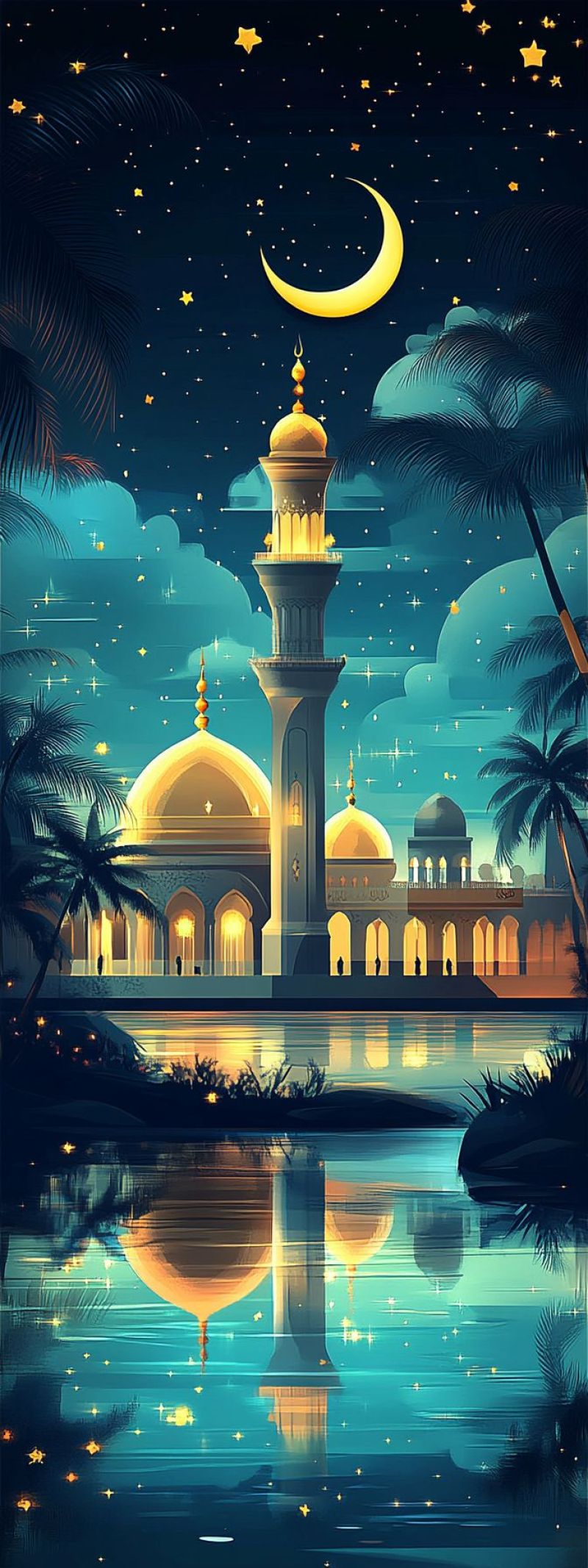 Night moonlight mosque sky stars crescent moon architecture islamic palm tree tropical reflection water culture religion calmness peace beautiful sere tranquil night scene. There is a beautiful mosque illuminated by the glow of white lights, situated on the bank of what appears to be a body of water. Above the mosque, there's a crescent moon in the sky, adding to the serene atmosphere. The surroundings are lit up with various shades of blue and green, creating a harmonious blend of colors that resembles a tropical night setting. In the foreground, you can see a reflection of the mosque on the water's surface, and there seems to be an artificial island or platform jutting out into the water from the right side of the image. The overall mood of the image is peaceful and calm.