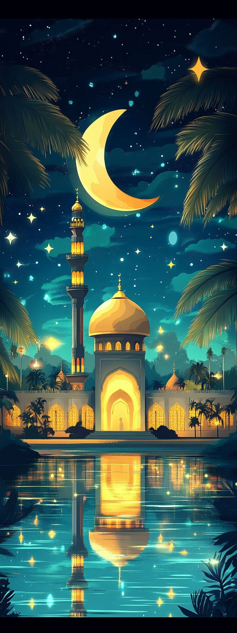 Night sky trees moon crescent stars darkness tranquility serenity beach mosque architecture islamic nighttime evening calm peace solitude digital illustration of a night scene in a Middle Eastern setting. At the center of the composition is a traditional mosque, illuminated by the crescent moon and various lights. The mosque has a prominent minaret and is accompanied by palm trees that flank it on both sides. The sky above is a deep blue, filled with stars and clouds, suggesting a peaceful nighttime atmosphere. The overall ambiance is serene and bathed in a warm glow of light from the mosque and moon. The image has a vertical orientation and appears to be designed for use as a wallpaper or similar decorative purposes.