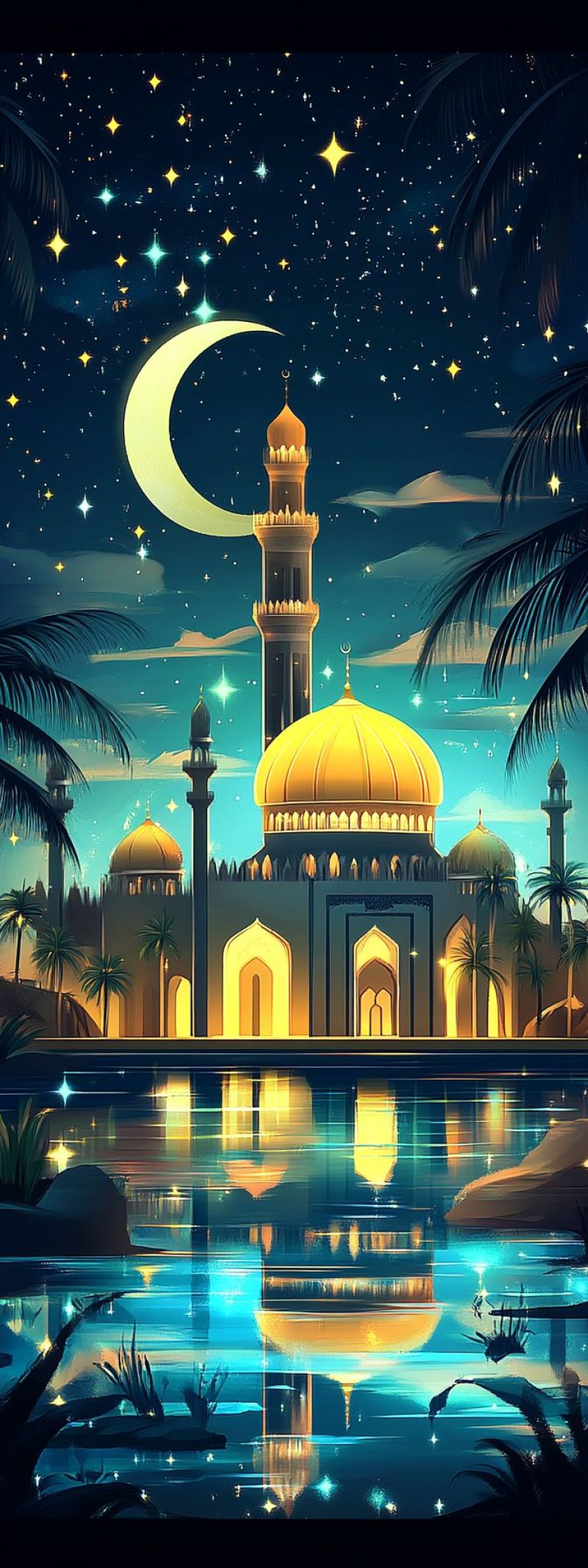 Stylized illustrated vivid colorful nighttime moonlit crescent moon constellations starry sky palace mosque island night tranquil beautiful sce ighttime scene featuring a large, illuminated mosque with multiple minarets. In front of the mosque, there is water reflecting its lights and surrounding palm trees. Above the mosque, the sky is adorned with stars and crescent moon, suggesting it's evening or night. The image appears to be a digital artwork rather than a photograph, given the stylized representation and lighting that are characteristic of computer-generated art.