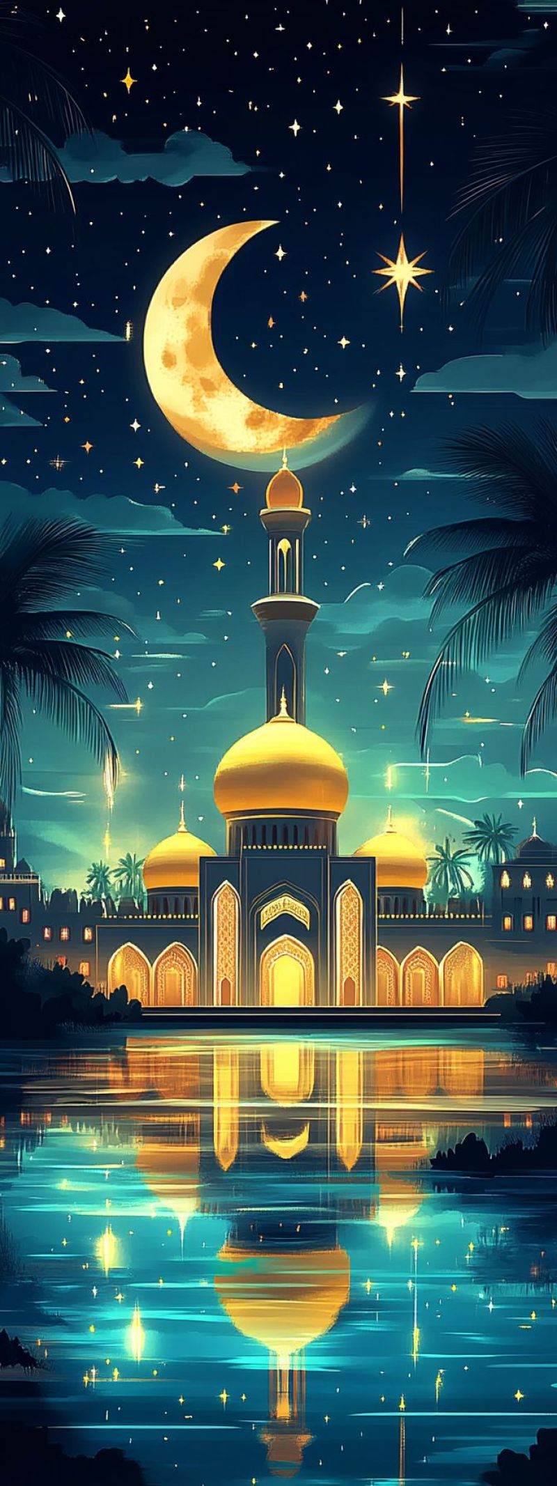 Nighttime moonlit starry crescent moon mosque minaret illuminated night skyline architectural cultural islamic tropical location palm trees urban The image displays a nighttime scene featuring a mosque illuminated by the crescent moon. The mosque is prominent in the center of the composition, with its minarets and central dome clearly visible. Surrounding the mosque are palm trees that add to the tropical ambiance of the scene. In the sky above, there are various celestial bodies including stars, a crescent moon, and what appears to be a planet or satellite to the right side of the image. The watermark 