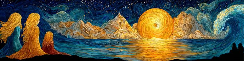 Nuit ciel etoiles nuages montagnes ocean soleil coucher vagues eau reflet texture Dans la peinture, trois figures aux cheveux longs et flottants sont assises sur le rivage d'un vaste océan sous un ciel nocturne étoilé. Le ciel est d'un bleu profond, rempli de nuages tourbillonnants et d'étoiles scintillantes. L'océan est calme, reflétant la lumière chaude et dorée d'un soleil couchant partiellement obscurci par un grand nuage tourbillonnant. Les rayons du soleil créent un effet radieux sur l'eau, projetant une teinte dorée sur toute la scène. Au loin, il y a des montagnes majestueuses avec une pointe de neige sur leurs sommets, ajoutant à l'atmosphère sereine et mystique de la peinture.