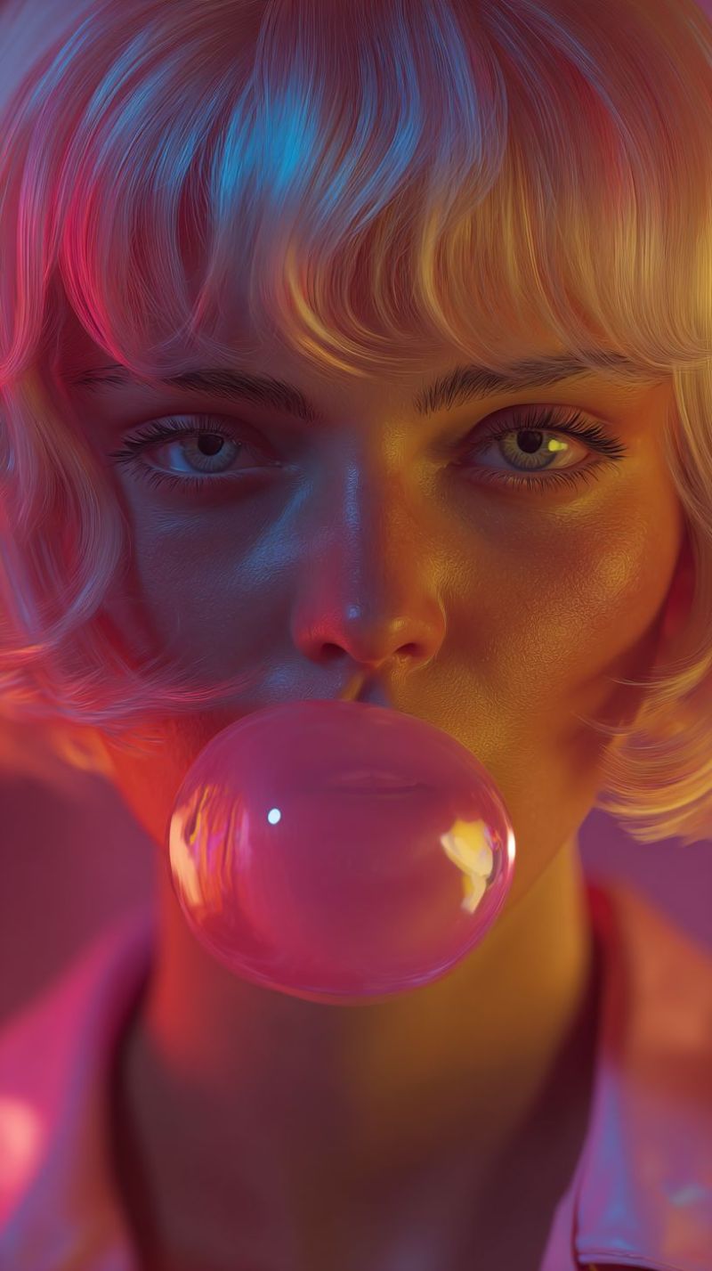 Femme visage yeux gencive rose reflet beaute maquillage texture Une femme aux cheveux courts et blonds coiffés en carré souffle une grosse bulle de chewing-gum rose. Ses yeux sont grands et fixés sur la bulle, avec de longs cils foncés. Elle a un léger sourire sur le visage, et ses lèvres sont légèrement entrouvertes. L'arrière-plan est un dégradé de teintes roses et violettes, avec un effet flou et doux. L'éclairage est vif et met en valeur les traits de la femme, créant une atmosphère rêveuse et fantaisiste.