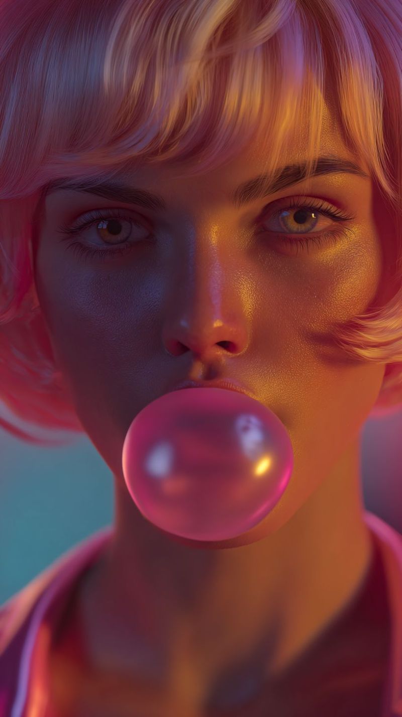 Visage oeil peau joue bouche rose ombre texture reflet glamour beaute Une femme aux cheveux blonds courts et ondulés souffle une grosse bulle rose avec du chewing-gum. Son visage est près de la caméra, et ses yeux sont légèrement fermés, avec ses lèvres pincées autour de la bulle. Elle a une légère lueur rosée-orangée sur son visage, et sa peau semble lisse et brillante. L'arrière-plan est flou, et l'accent est mis sur la femme et la bulle.