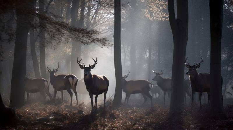 Soleil couchant foret herisson nature sauvage faune heure crepuscule eclairee lune cerfs automnale animal activite Scène de forêt calme. Il y a plusieurs cerfs à la prèsence, avec leurs corps visibles et leurs têtes cachées derrière les arbres. La forêt est dense de pins qui se dressent parmi la faune générale. Le jour se couche et donne une lueur chaleureuse au boisement, en renforçant l'ambiance apaisante. Il n'y a aucune image visible ou marques distinctives dans la photo qui fournissent un contexte supplémentaire sur le emplacement ou les animaux représentés. Les couleurs de la photo vont des verts foncés des arbres aux chamoises chaudes et aux tâches bruns du cuir des cerfs et du sol forestier.