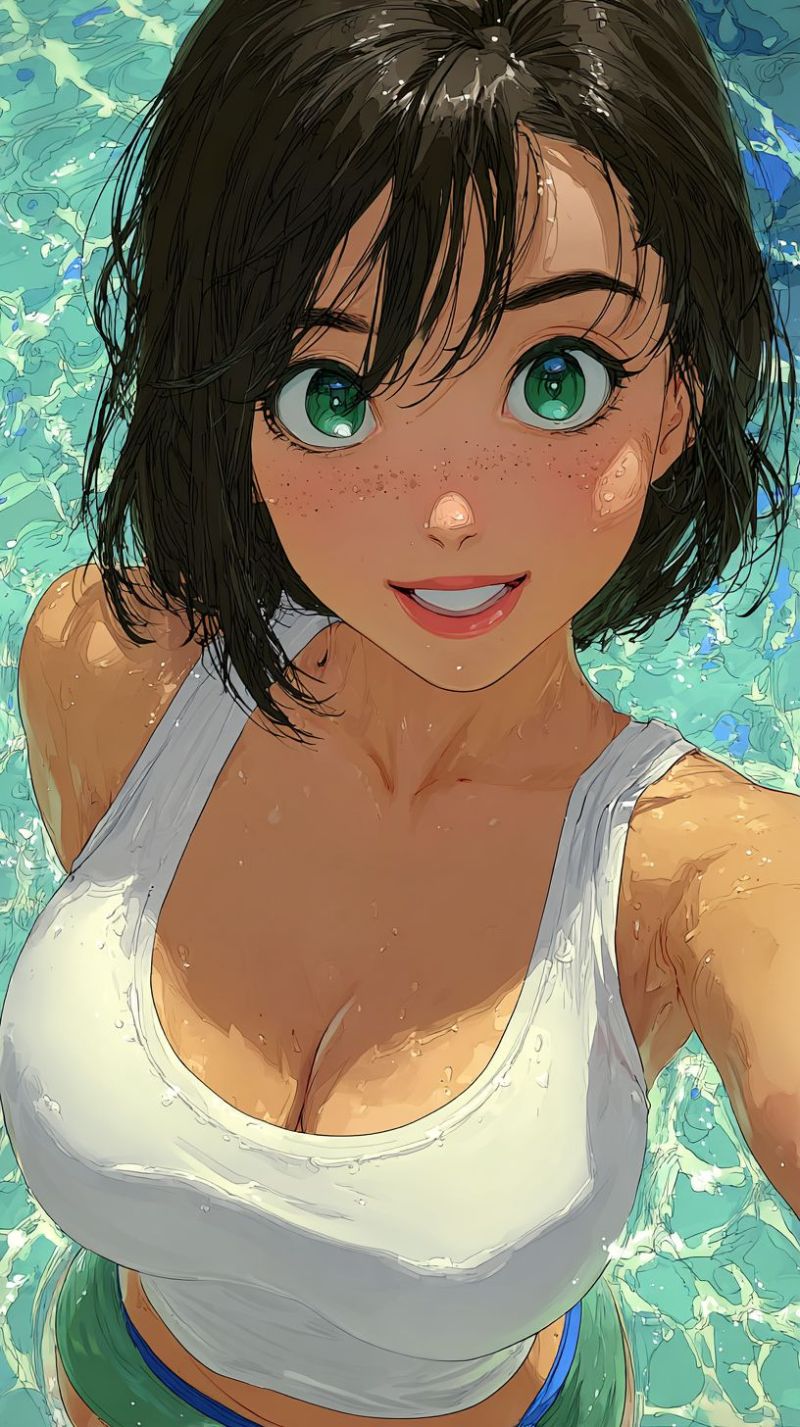 Anime fille maillot bain eau piscine mouille sourire froncer sourcils eclaboussure soleil reflet vagues bronzer detendre air heureux vert yeux court Une illustration de style anime d'une femme aux cheveux noirs courts et aux yeux verts, souriant et posant pour un selfie dans une piscine. Elle porte un débardeur blanc et un short de bain vert. Ses cheveux sont mouillés et collés à son visage, et il y a des gouttes d'eau sur sa peau. Le fond est d'un bleu et vert vibrant, suggérant une journée ensoleillée.