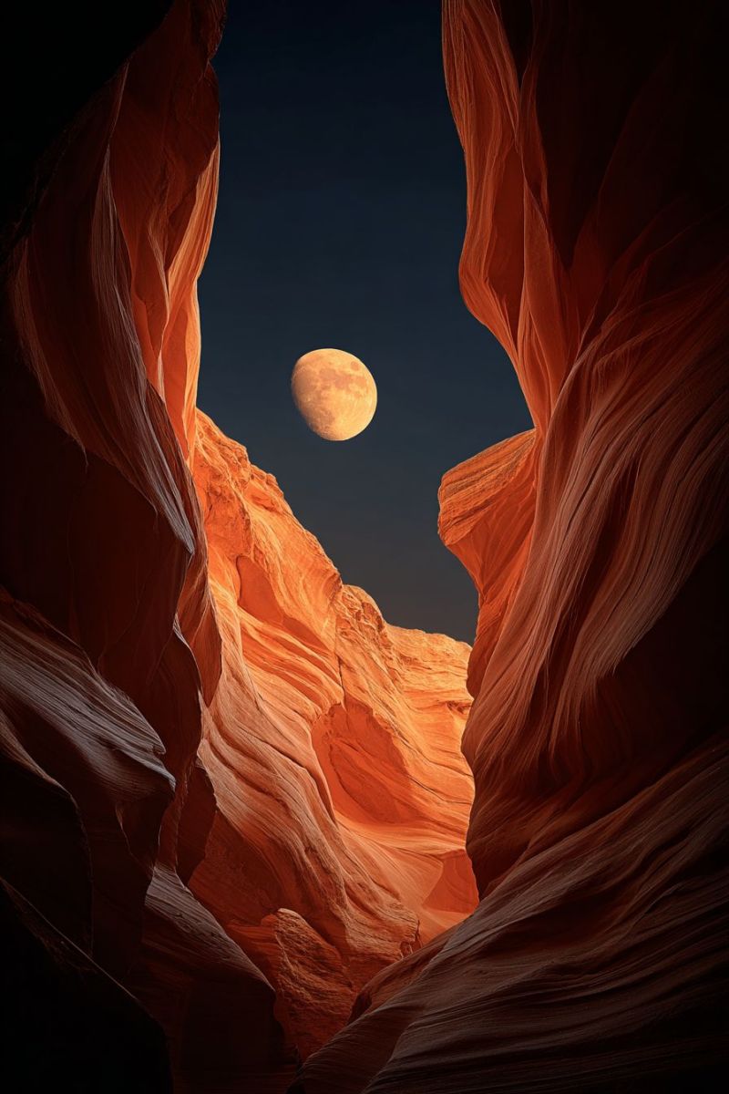 Moon night sky rock canyon dark space astronomy nature outdoors geology exploration adventure travel scenery vista The image captures a stunning night scene featuring a full moon rising above a narrow canyon. The canyon walls are composed of layered, reddish-brown rock formations, with intricate patterns and textures. The moon is bright and full, casting a soft, ethereal glow that illuminates the canyon's interior. The sky above is dark, with no visible stars, creating a dramatic contrast with the moon's light. The overall atmosphere is serene and otherworldly, with the moon appearing almost as if it is floating within the canyon.