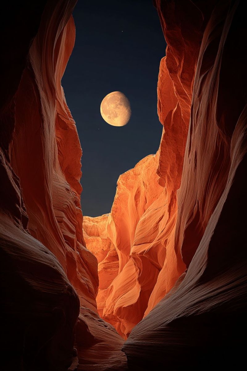 Moon night sky rock canyon astronomy nature outdoors space star dark shadow reflection texture beauty The image captures a breathtaking view of a narrow canyon with steep, reddish-orange rock walls. The moon is prominently displayed in the night sky, appearing full and bright, casting a soft, ethereal glow over the landscape. The canyon walls are textured with intricate patterns, and the shadows cast by the moon and stars create a dramatic effect. The sky is dark, with a few faint stars visible, adding to the serene and mystical atmosphere of the scene.
