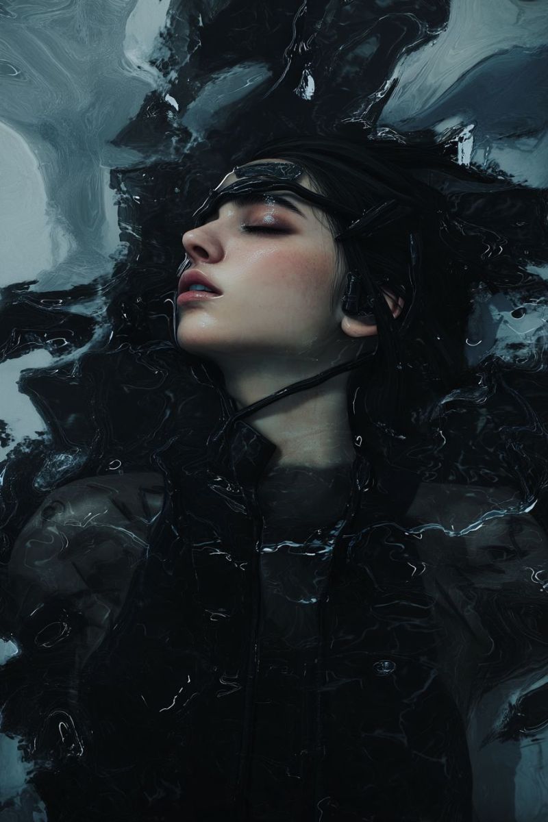 Woman hair eyes water wet underwater dark moody dramatic realism texture liquid immersion emotion A woman with long black hair is submerged in dark, swirling water. She wears a black outfit that appears to be made of a shiny, waterproof material. Her eyes are closed, and her face is serene, with a slight smile on her lips. The water around her is dark and seems to be moving, creating a dramatic and mysterious atmosphere. The background is a mix of dark and light shades, adding to the overall moody and artistic feel of the image.