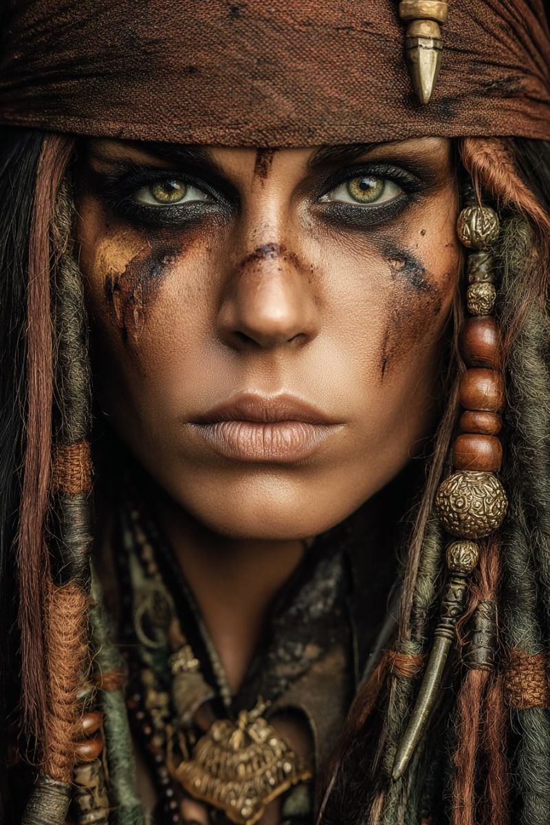 Pirate woman makeup costume eyeliner eyeshadow earrings necklace hat headband jewelry accessories fantasy paint war eye facial expression A woman with long, wavy hair styled in braids adorned with beads and feathers is dressed in a pirate costume. She wears a brown bandana with a golden spike on top, and her face is painted with brown and black makeup, giving her a rugged, adventurous look. Her eyes are highlighted with green eyeshadow, and she has a serious expression. She wears a necklace with a large, ornate pendant and earrings with wooden beads. The background is blurred, focusing attention on her detailed costume and makeup.