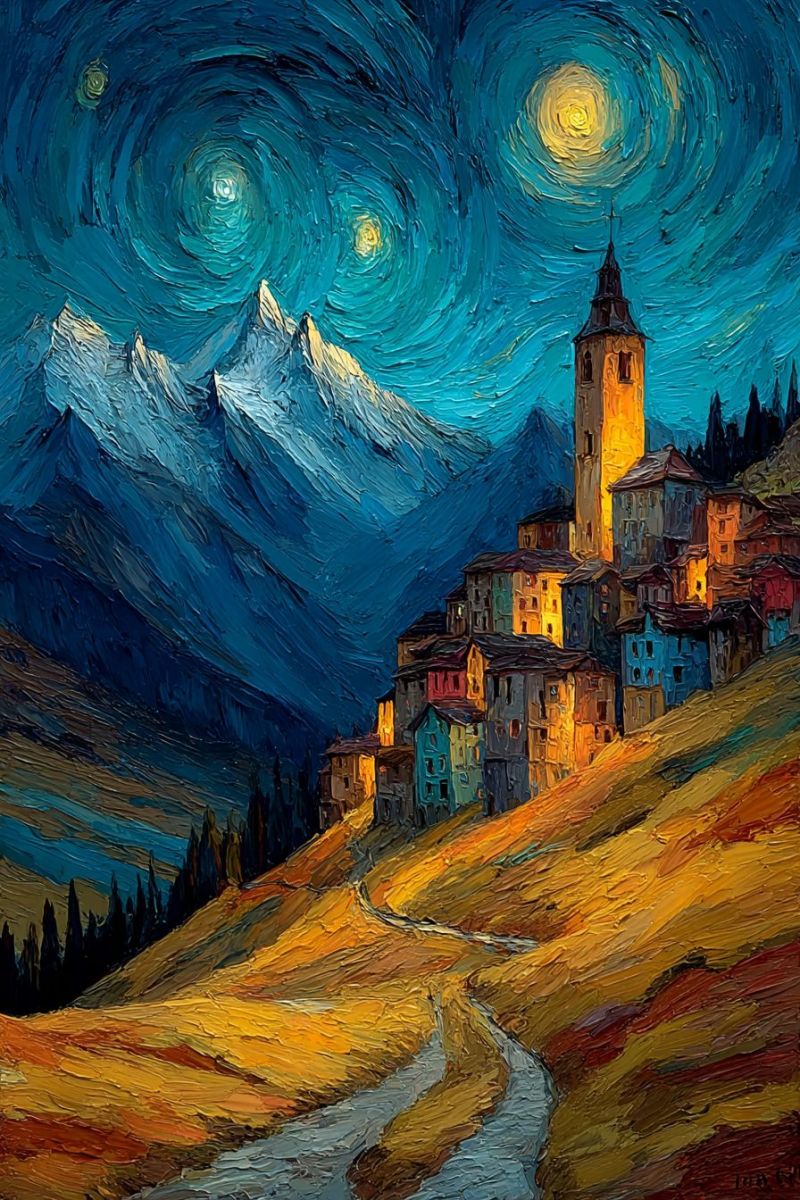 Nuit ciel montagnes village etoiles lune route batiments arbres colline impressionnisme texture atmosphere coups pinceau traits La peinture représente un village de montagne serein sous un ciel nocturne étoilé. Le village est niché sur un flanc de colline, avec un chemin sinueux qui le traverse. Les bâtiments sont peints dans des tons chauds et terreux, avec certaines fenêtres éclairées. Au premier plan, un étroit ruisseau serpente à travers le paysage, reflétant la lumière de la lune. Le ciel est d'un bleu profond, avec des motifs tourbillonnants d'étoiles et une brillante lune au centre. Au loin, des montagnes majestueuses s'élèvent, leurs sommets poudrés de neige. L'ambiance générale est tranquille et pittoresque, capturant la beauté d'une nuit calme dans les montagnes.