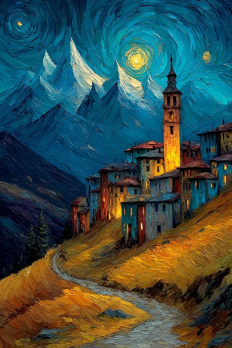 Nuit montagne village ciel etoile ville route colline batiment eau riviere soleil pinceau huile La peinture représente un petit village niché dans les montagnes sous un ciel nocturne étoilé. Le village est composé de plusieurs bâtiments aux fenêtres chaudes et lumineuses, suggérant qu'il est nuit. Un élément marquant est une haute tour cylindrique au sommet pointu, se détachant contre le ciel sombre. Les bâtiments sont peints dans diverses nuances de bleu, jaune et rouge, créant une atmosphère chaleureuse et accueillante. Le ciel est d'un bleu profond avec des motifs tourbillonnants autour d'une étoile jaune brillante, ajoutant une touche magique à la scène. En arrière-plan, des montagnes enneigées s'élèvent majestueusement, leurs sommets captant la lumière des étoiles. Un chemin étroit serpente à travers le village, menant à un petit ruisseau qui reflète la lumière des étoiles. L'ambiance générale de la peinture est sereine et tranquille, avec une pointe d'émerveillement.