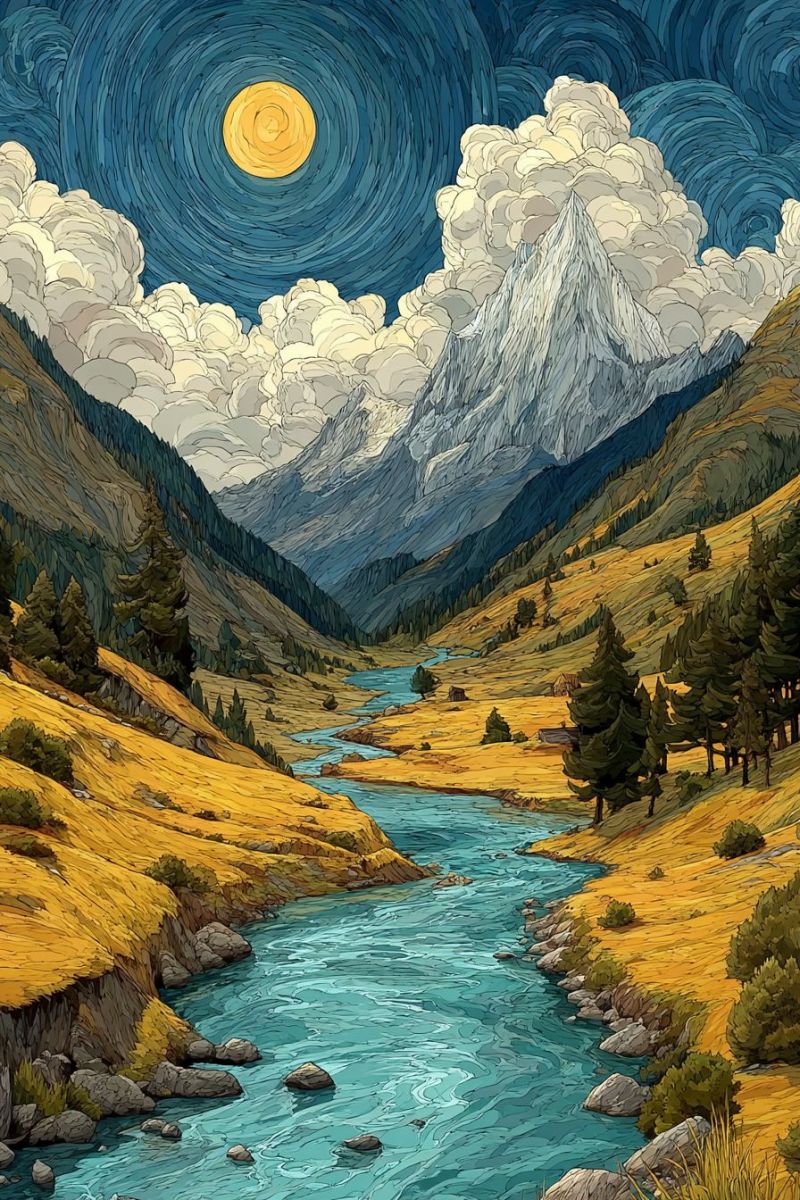 Montagne riviere ciel nuages nuit lune arbres collines eau vallee rochers herbe foret nature Paysage serein sous un ciel nocturne. Une pleine lune brillante illumine la scène, projetant une douce lueur sur les montagnes et la vallée. Le ciel est d'un bleu profond, orné de nuages tourbillonnants qui ajoutent de la texture et de la profondeur. Un majestueux sommet montagneux s'élève à l'arrière-plan, ses pentes couvertes d'un mélange de neige et de verdure. Au premier plan se trouve une rivière sinueuse aux eaux claires et bleues, reflétant la lumière de la lune. Les berges sont bordées d'arbres et d'arbustes, et le sol est un mélange de graminées dorées et de zones rocheuses. L'atmosphère générale est tranquille et pittoresque, évoquant un sentiment de paix et de beauté naturelle.