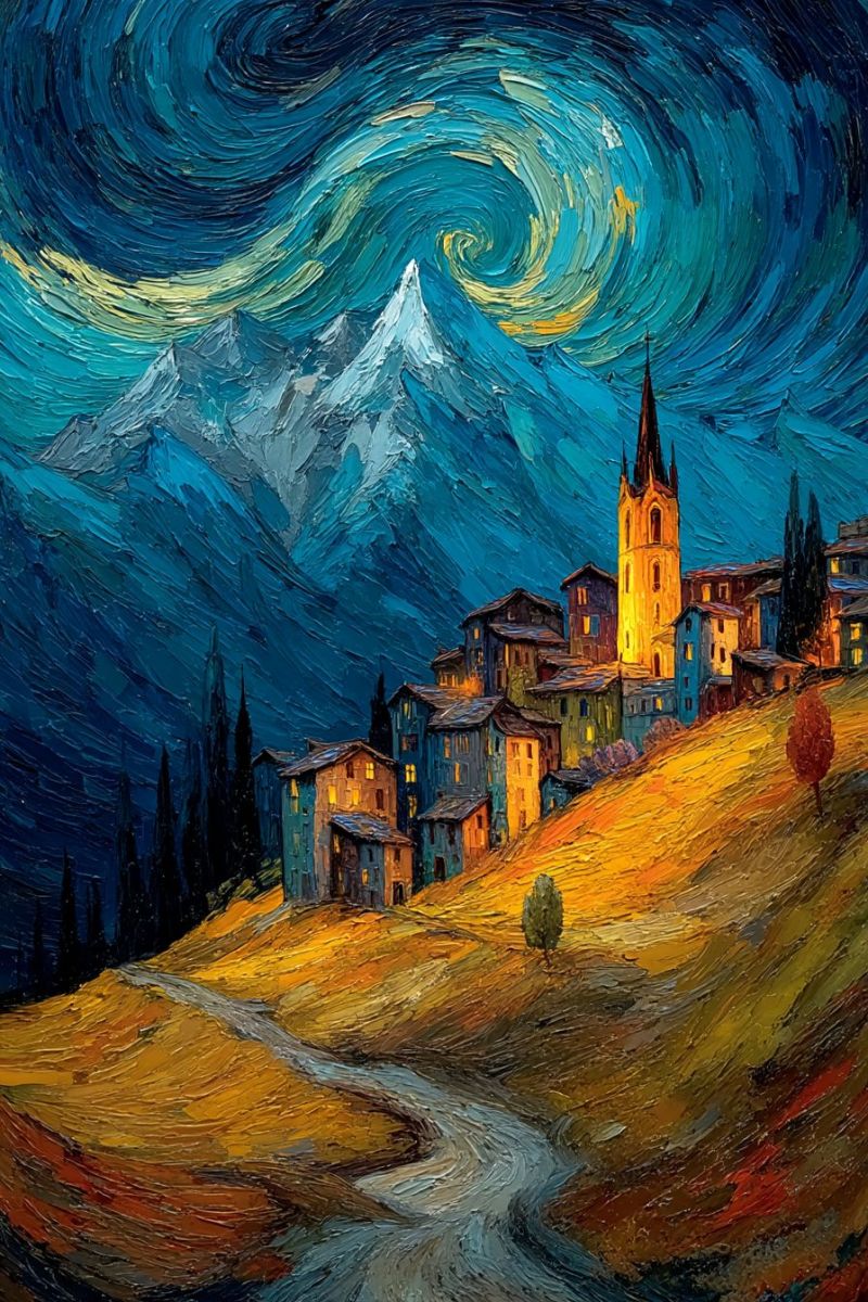 Nuit montagne village etoile ciel ville eglise route colline fleches La peinture représente un village serein niché dans une vallée sous un ciel de nuit spectaculaire. Le village est composé de plusieurs bâtiments, certains avec des fenêtres chaudes et lumineuses, suggérant qu'il est nuit. Une église imposante avec un haut clocher se démarque parmi les bâtiments. Le village est entouré d'arbres et est situé sur une douce pente, avec un chemin sinueux menant du village au premier plan. Le ciel est d'un bleu profond, rempli de nuages tourbillonnants et d'étoiles, créant un sentiment de mouvement et de profondeur. Au loin, une majestueuse chaîne de montagnes est visible, ses sommets partiellement obscurcis par les nuages. L'ambiance générale de la peinture est tranquille et pittoresque, capturant la beauté d'un village paisible sous une nuit étoilée.