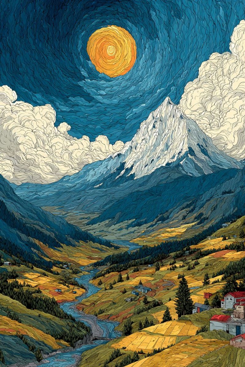 Montagne vallee riviere nuages soleil ciel arbres maisons collines champs nature imaginatif Paysage serein sous un ciel dramatique. Au premier plan, une rivière sinueuse coule à travers des champs verts luxuriants et des forêts. La rivière est bordée d'arbres et de parcelles de cultures dorées, suggérant une vallée fertile. Au milieu du plan, il y a plusieurs petites maisons aux toits rouges, nichées parmi les arbres. Les maisons sont entourées de champs et d'arbres, créant une scène de village pittoresque. Au fond, des montagnes majestueuses s'élèvent, leurs sommets partiellement obscurcis par des nuages tourbillonnants. Le ciel est d'un bleu profond, avec un grand soleil radieux au centre, entouré d'un motif tourbillonnant de nuages qui donnent l'impression de mouvement. La scène globale est paisible et pittoresque, avec un sentiment de tranquillité et de beauté naturelle.