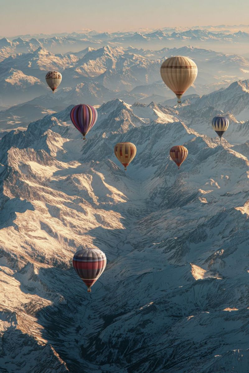 Montagnes ciel aventure voyage exploration nature vol distance soleil ombres neige hiver atmosphere chaud air ballons aerien altitude Plusieurs montgolfières flottent dans le ciel au-dessus d'un paysage montagneux. Les montagnes sont couvertes de neige, et le ciel est clair avec une touche de rose. Les ballons sont de diverses couleurs, notamment rouge, jaune et bleu, et ils volent à différentes altitudes. Les ballons sont alignés, certains plus proches des montagnes et d'autres plus éloignés. Les montagnes sont escarpées et abruptes, avec certains sommets couverts de neige. La scène est paisible et sereine, avec les ballons ajoutant une touche de couleur au paysage.