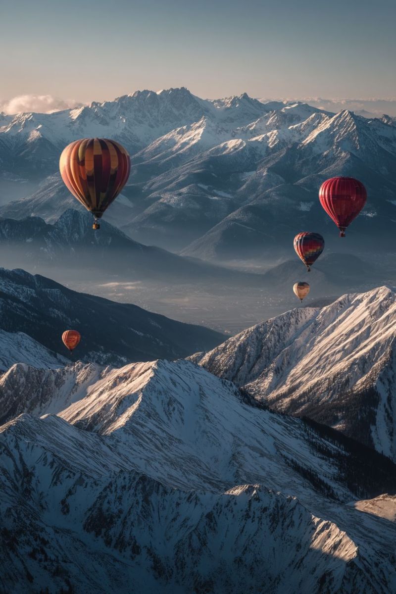 Mountains sky adventure colorful flight nature outdoors scenic snow travel valley winter atmosphere clouds distance horizon peaks hot air balloons aer Several hot air balloons are floating in the sky above a mountainous landscape. The balloons are in various colors, including red, orange, and yellow, with intricate patterns on their envelopes. They are flying at different altitudes, with some closer to the ground and others higher up. The mountains are covered in snow, and the sky is clear and blue. The scene is serene and picturesque, with the balloons adding a touch of whimsy to the natural beauty of the mountains.
