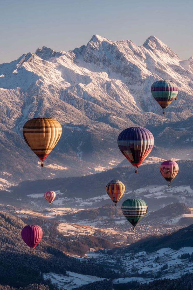 Montagnes ciel neige aventure voyage hiver nature vol vacances air expedition exploration atmosphere horizon chaud ballons aerien Plusieurs montgolfières flottent dans le ciel sur fond de montagnes enneigées. Les ballons sont de diverses couleurs, notamment rouge, jaune, vert et bleu, certains ayant des motifs complexes. Les montagnes sont majestueuses et couvertes de neige, créant un paysage serein et pittoresque. Le ciel est clair et bleu, avec les rayons du soleil projetant une chaleureuse lueur sur la scène. Les ballons sont à différentes altitudes, certains plus proches des montagnes et d'autres plus éloignés, ajoutant de la profondeur à l'image. L'atmosphère générale est paisible et tranquille, avec les montgolfières ajoutant une touche de fantaisie et d'émerveillement.