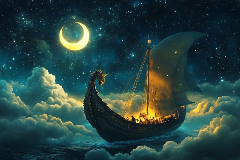 Viking ship sky clouds stars crescent moon boat northern sailing moonlit odyssey navigation constellations adventure maritime mythical nocturnal voyag This is a vibrant and imaginative digital artwork depicting a scene that seems to be inspired by Norse mythology. In the foreground, there's a large, traditional wooden longship sailing on a body of water. The ship is illuminated by the moonlight, creating a serene yet mysterious atmosphere. On the deck of the ship, there are several figures who appear to be engaged in various activities, such as steering or rowing, suggesting that this might be a scene from a journey or exploration. The sky above the ship is filled with stars, indicating it's nighttime, and there's a large crescent moon hanging in the distance, casting a soft glow on the ship and its occupants. The clouds surrounding the moon are thick and fluffy, adding to the sense of depth and vastness in the image. The background features a darker blue sky with more stars, suggesting that the ship is sailing towards the horizon or possibly into a mythical land. There's also an intricate design resembling runes or magical symbols, which may hint at the story or destination of this voyage. Overall, the image evokes a sense of adventure and enchantment, with elements that could be interpreted as either ancient seafaring practices or fantasy elements, depending on the viewer's perspective. The artwork has a high level of detail, from the textures of the ship's wood to the individual star and cloud formations, making it visually rich and engaging.