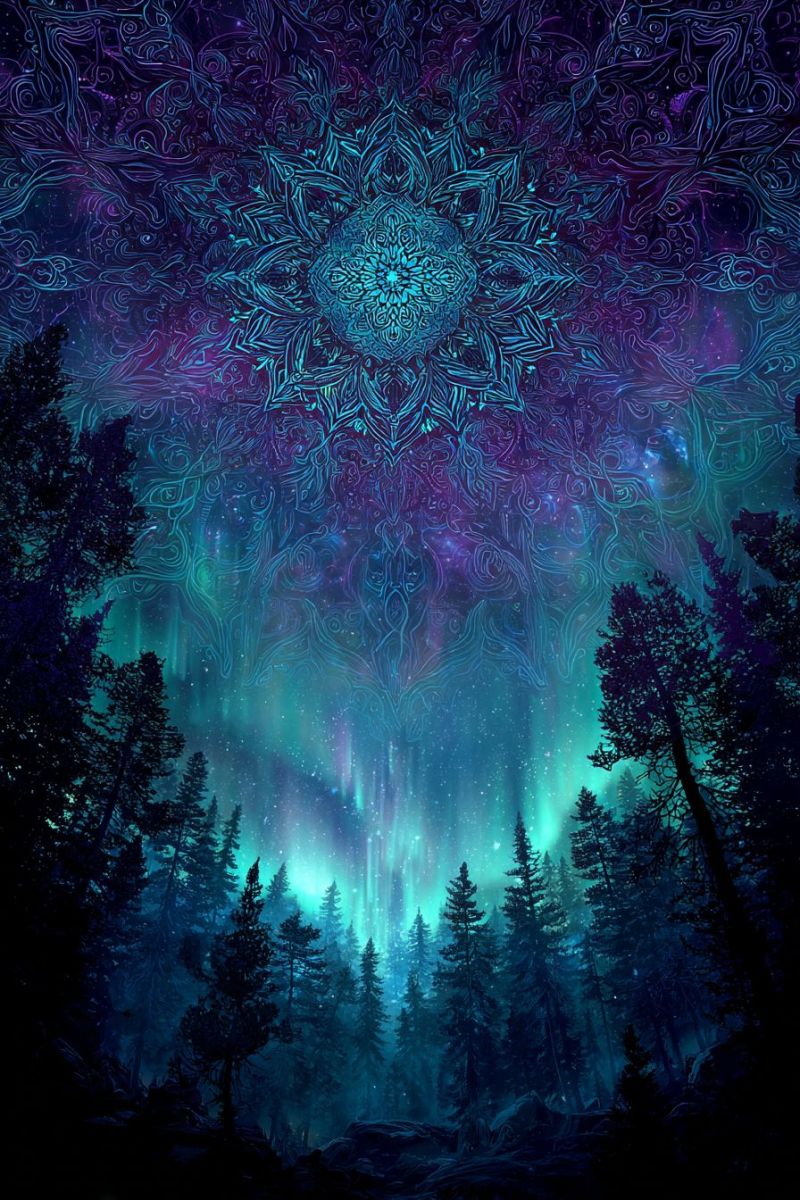Forest trees night sky stars aurora pattern design fantasy mystical magical dreamlike ethereal glowing colorful space mystical forest scene under a night sky. The sky is a deep purple and teal gradient, adorned with intricate, glowing patterns that resemble a mandala. At the center of the sky, there is a large, circular mandala design with a glowing turquoise center, surrounded by swirling, intricate lines. The sky also features a vibrant display of aurora borealis, with green and purple lights dancing across the sky. Below the sky, a dense forest of tall, dark green trees stretches into the distance, their branches reaching upwards. The trees are silhouetted against the glowing sky, creating a sense of depth and mystery. The overall atmosphere is ethereal and otherworldly, with a sense of magic and wonder.