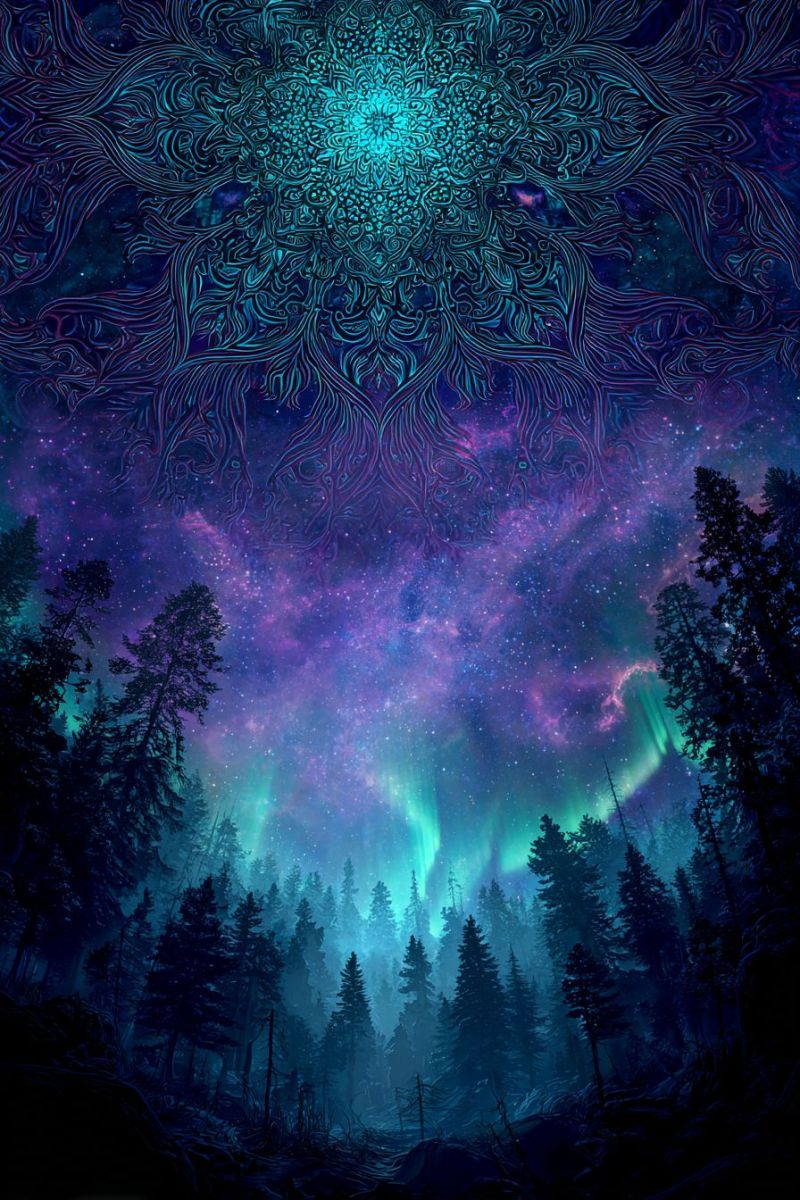 Forest night sky trees dark stars aurora green purple blue clouds space galaxy universe cosmic celestial outer A mystical night sky features a large, intricate mandala design in shades of blue and purple, with a central turquoise circle surrounded by swirling patterns. The sky is filled with stars and a vibrant aurora borealis in shades of green and purple. Below the sky, a dense forest of tall, dark trees stretches into the distance, with the aurora's light casting a soft glow on the foliage. The overall scene is ethereal and otherworldly, blending elements of nature and cosmic wonder.