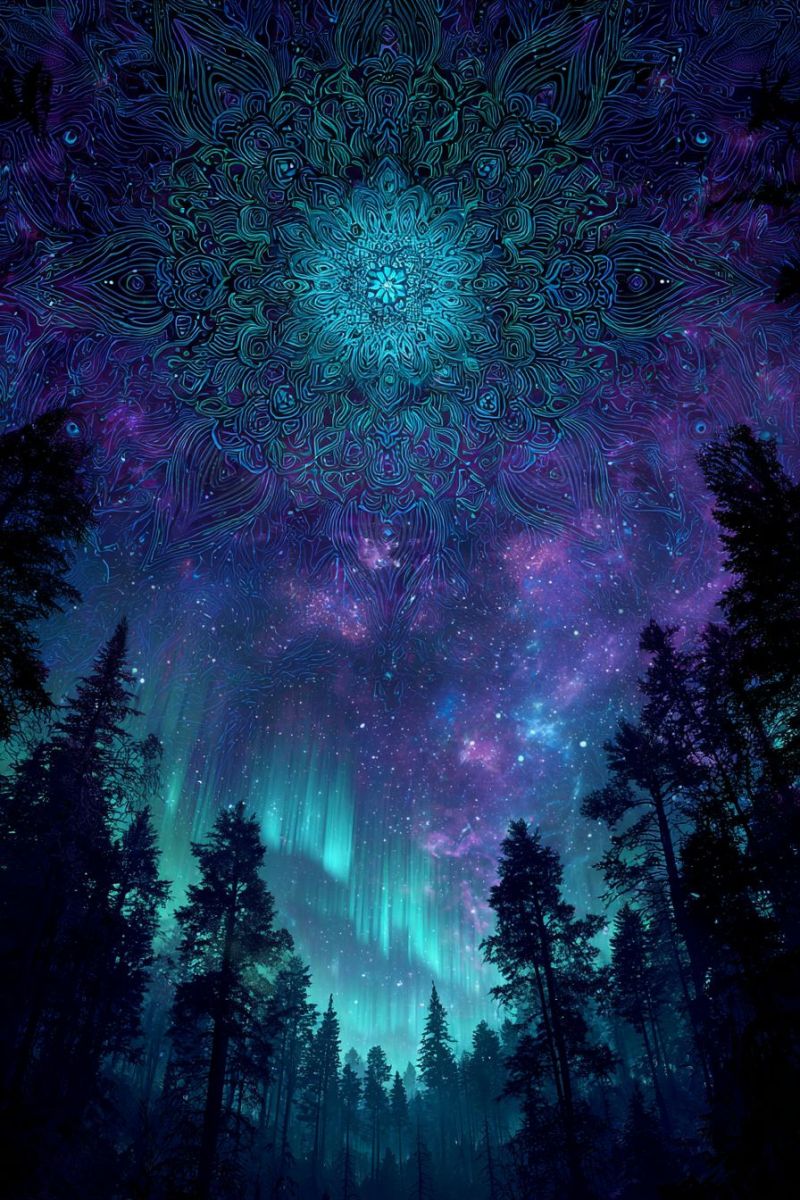 Foret arbres nuit ciel obscurite Le ciel nocturne mystique est rempli de couleurs vibrantes et de motifs complexes. Au centre, il y a un grand design de mandala circulaire aux nuances de bleu et de violet, rayonnant vers l'extérieur avec des motifs tourbillonnants complexes. Le ciel est d'un violet profond, parsemé d'étoiles et illuminé par une aurore boréale brillante et lumineuse aux nuances de vert et de bleu. L'aurore s'étend à travers le ciel, créant un effet dramatique et éthéré. Sous le ciel, une forêt dense d'arbres grands et sombres se dresse, leurs silhouettes contrastant avec le ciel lumineux. La scène globale est à la fois enchanteresse et irréelle, évoquant un sentiment d'émerveillement et de tranquillité.
