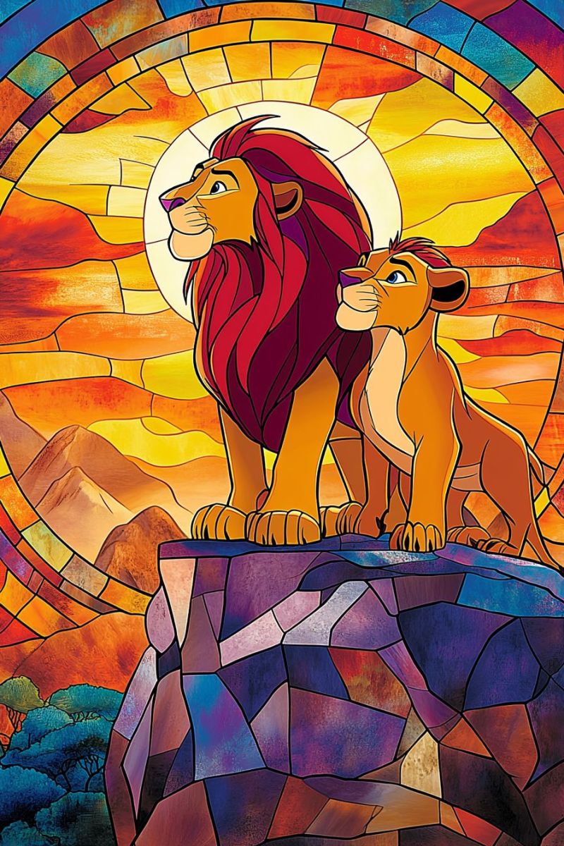 Lion lioness pride rock savanna sunset stained glass window clouds mountains trees jungle mosaic tile tiger tigress zoo vibrant and colorful illustration that depicts two animated lion characters standing on a rocky outcrop. They appear to be looking into the distance, with the character on the left holding its cub in front of it. Above them, there's a beautiful stained glass window that shows a sunset or sunrise with warm hues of orange and yellow blending into the blue of the sky. The lion characters are rendered in a style that suggests they are from an animated film, possibly inspired by 