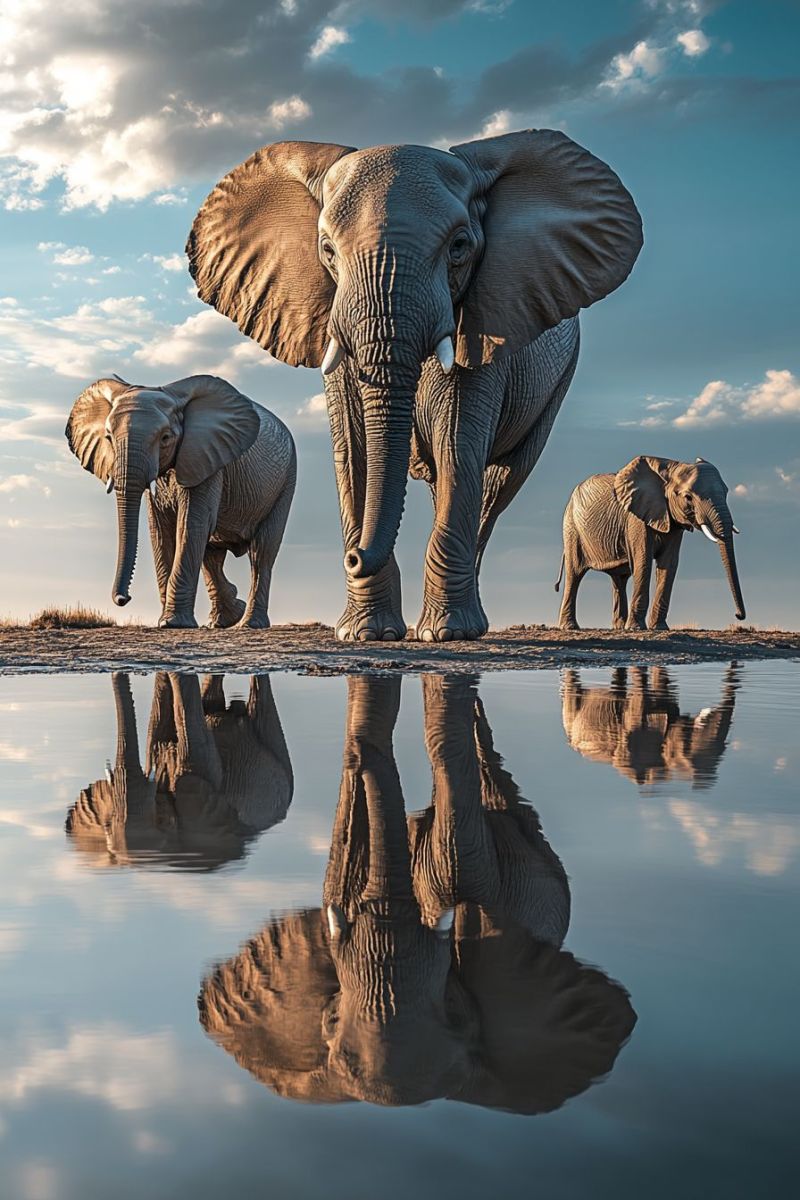 Elephants herd safari african wildlife nature mirror reflection clouds sky plains water muddy brown shallow grasslands sand tranquil scene of three elephants walking side by side across a body of water. The elephants are depicted in a serene and natural environment, with their surroundings reflecting in the calm waters. They appear to be moving towards the camera, creating a sense of depth and perspective. Above them, the sky is lightly clouded, suggesting either dawn or dusk. The reflection on the water surface mirrors the elephants' forms, adding symmetry to the composition. There are no visible texts or other objects in the image.