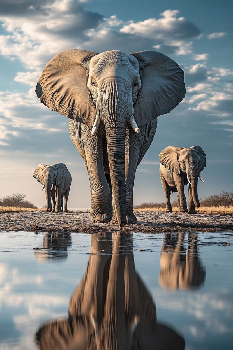 African elephant safari wildlife nature animal herd watering hole reflection reserve savannah ecosystem plains muddy waters mirror conservat serene landscape featuring two large elephants standing in the foreground. These elephants are facing towards the camera, their ears fanned out, and they appear calm and majestic. They are positioned on either side of a shallow body of water that reflects their images. The backdrop shows a clear sky with minimal cloud cover, suggesting it might be either early morning or late afternoon, given the soft, warm lighting. In the distance, there is a hint of the savannah or grassland ecosystem typical of elephant habitats. There are no visible texts or markings on the image that would provide additional information. The overall impression is one of natural tranquility and the vastness of the African wilderness.